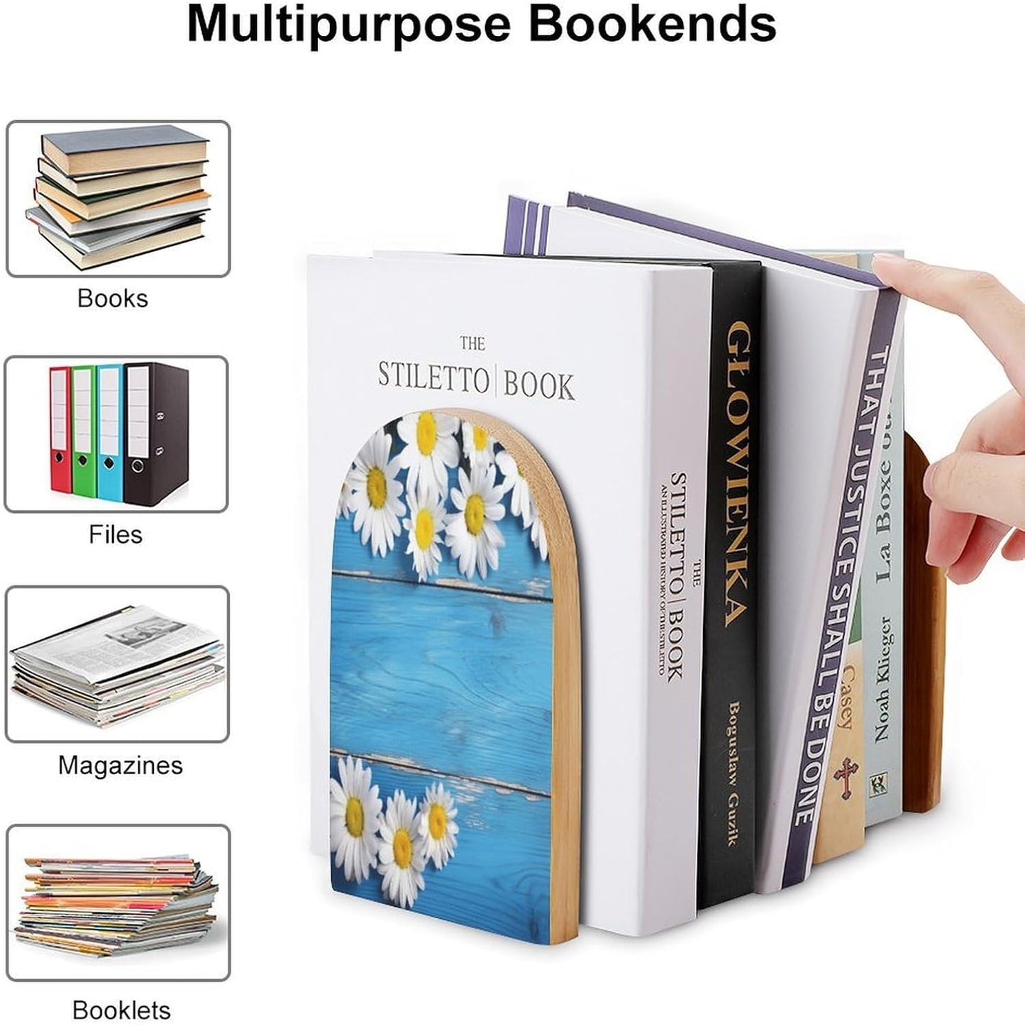 Daisy Flowers Blue Wooden Bookend for Shelves Wooden Book End Large Size Sturdy Book Holders Stoppers with Metal Base for Bookshelves Slick Decorative Bookends Stands