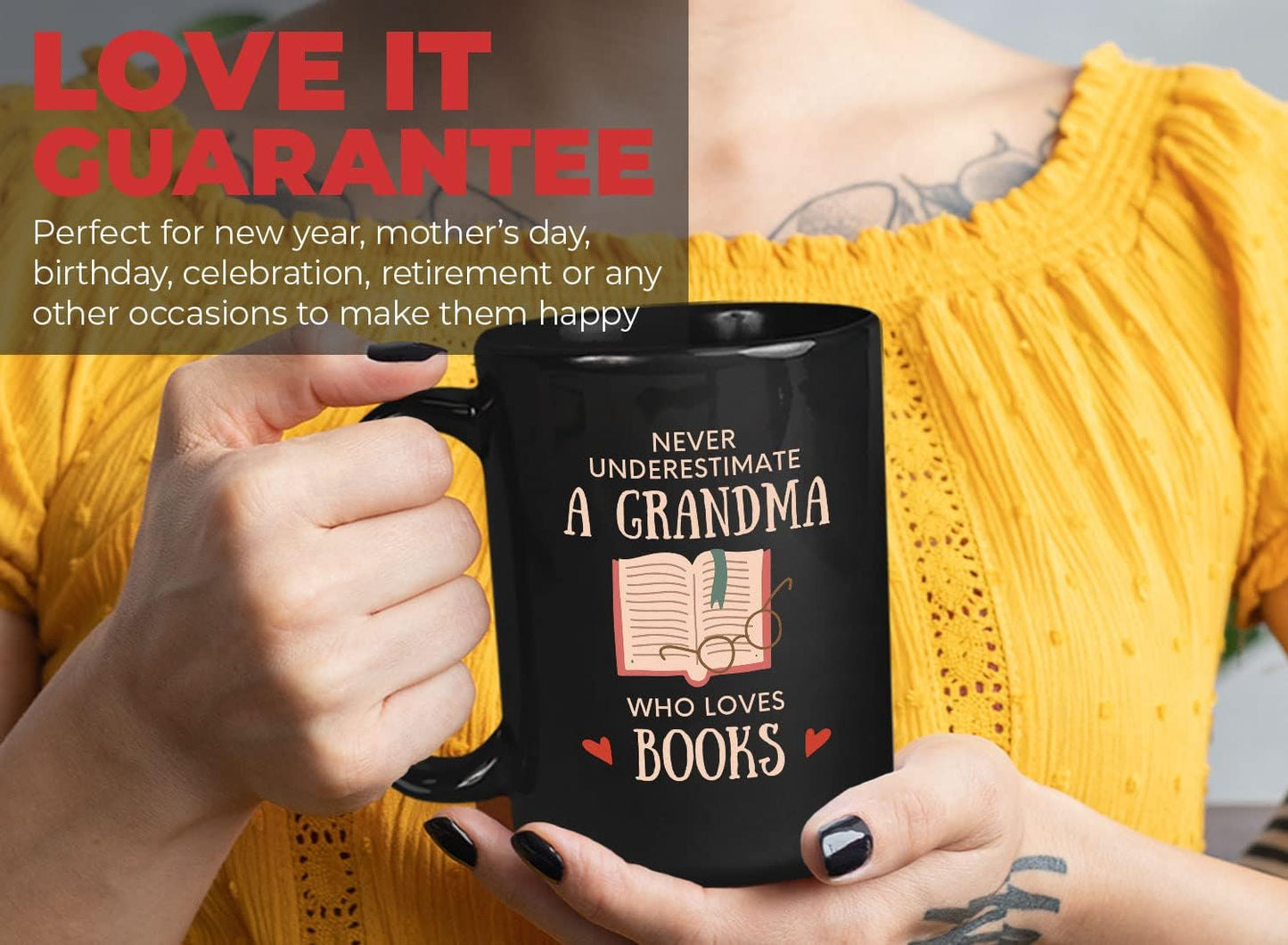 Bubble Hugs Book Lover Coffee Mug 15oz Black - Never Underestimate Grandma - Reading Reader Old Lady Book Lover Bookish Novelist Librarian Writer