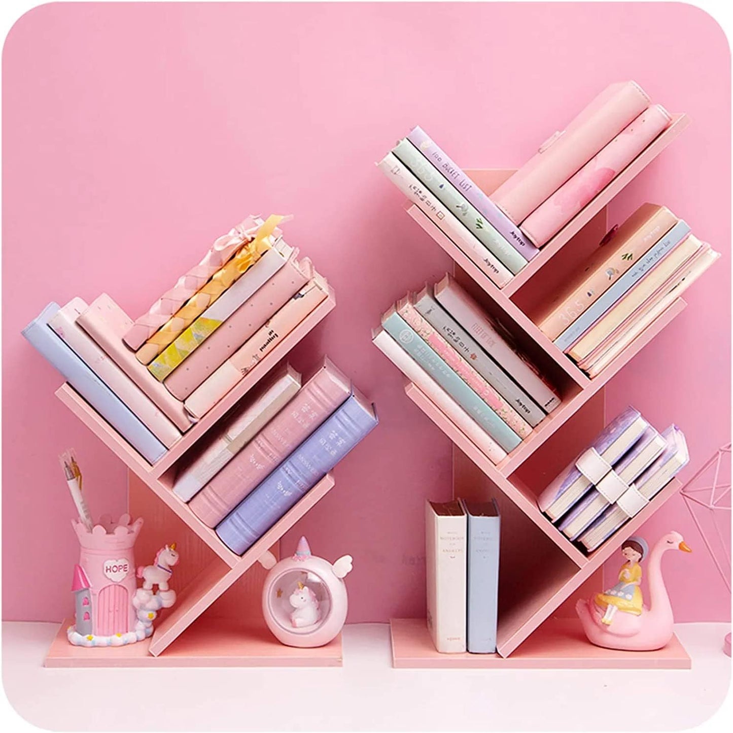 Tree Bookshelf,4-Layer Floor Standing Bookshelf,The Desktop Bookshelf Can Hold Books,Magazines,CDs and Photo Albums,Office Storage Rack,Pink