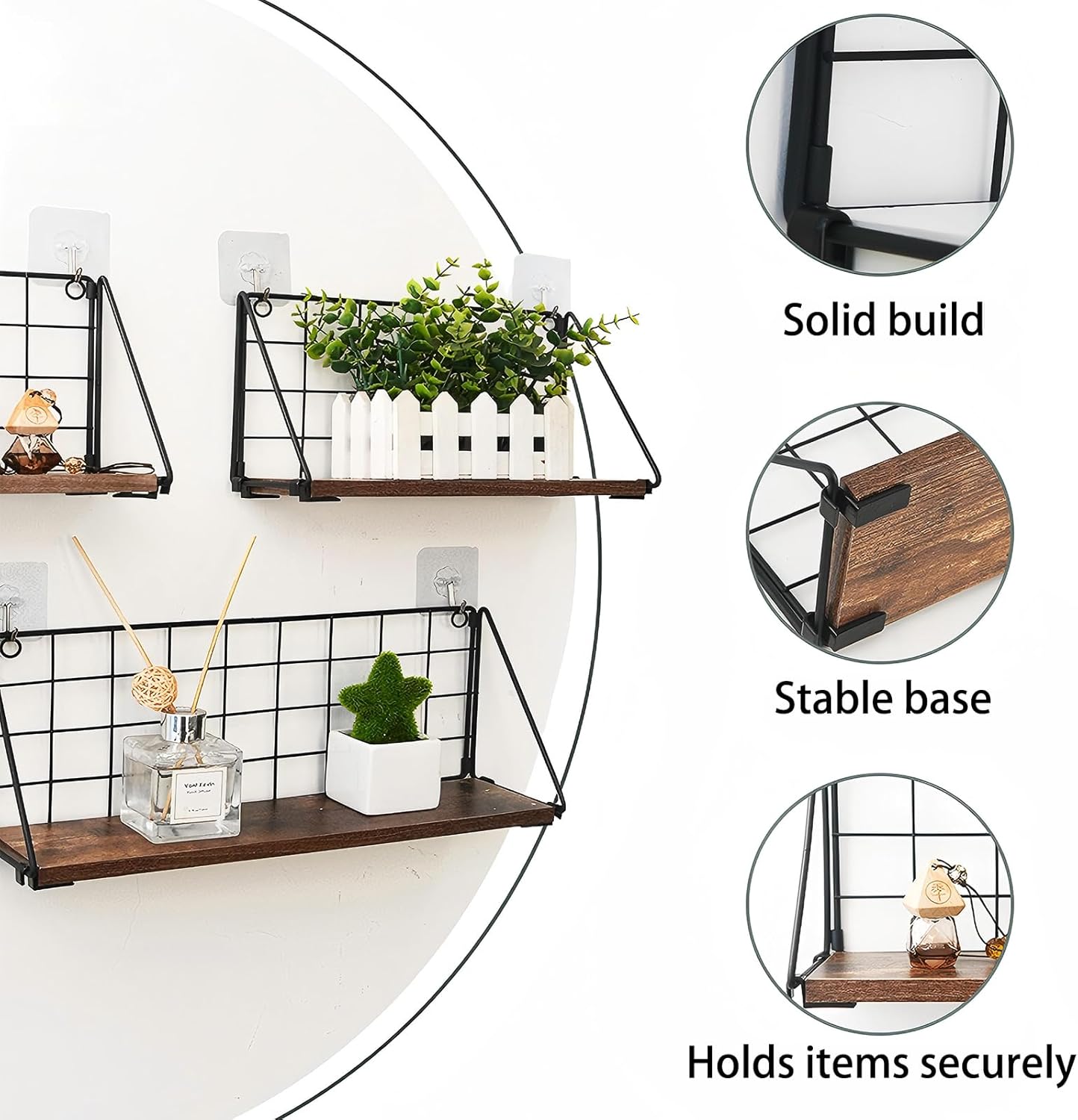 Floating Shelves Set of 3 - Rustic Wood Wall Mounted Shelves with Metal Wire Basket, Farmhouse Shelf for Bedroom, Living Room, Bathroom, Kitchen, Office, Display Storage (Brown)