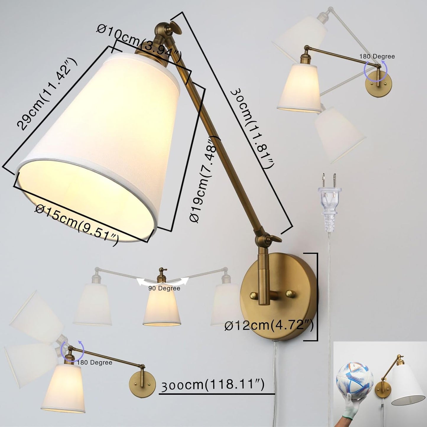 PERMO Retro Swing Arm Wall Sconce Plug in Wall Lamp Single Sconce Light Fixture with White Fabric Shade for Bedroom Living Room Home Office