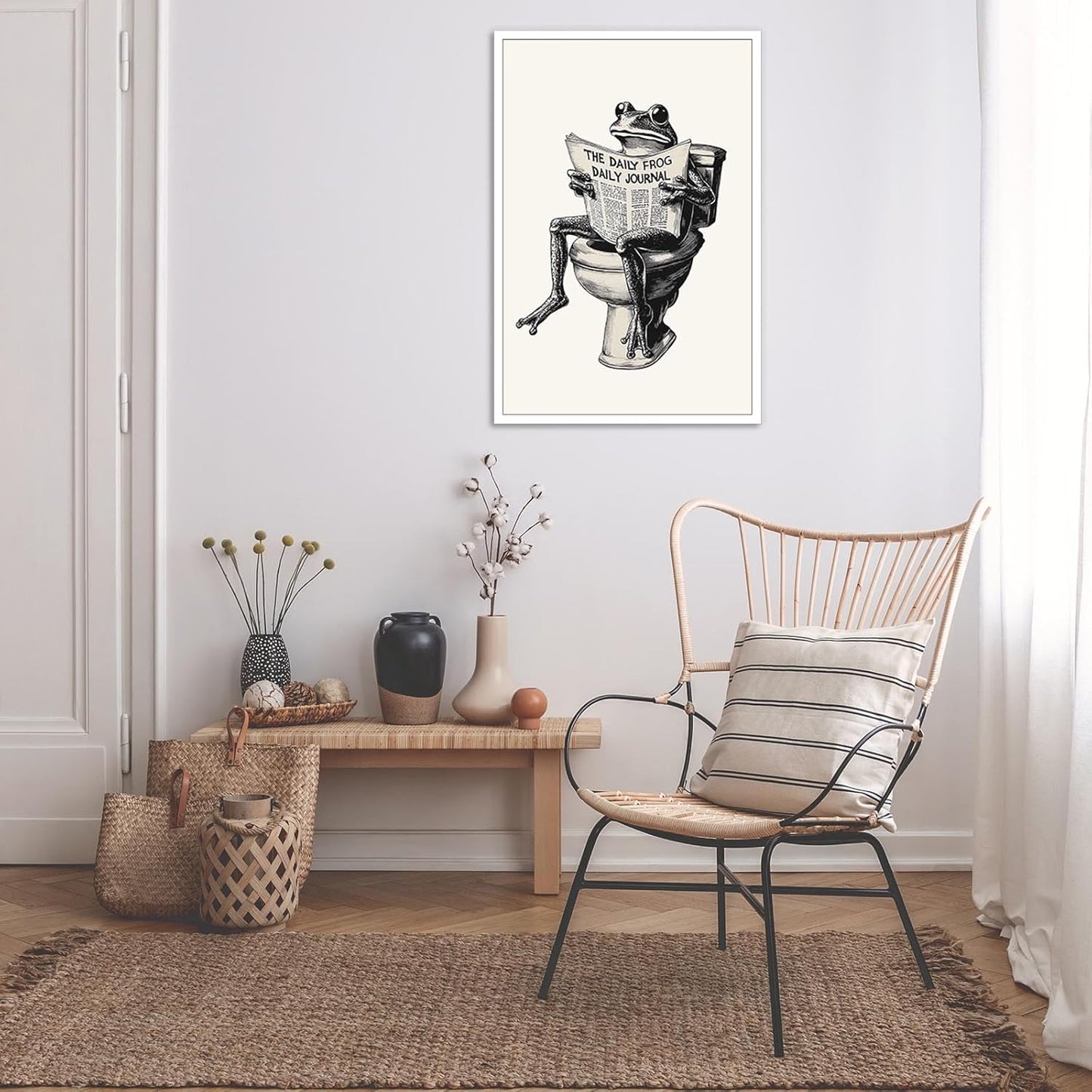 FBKDVC Bathroom Frog Poster Funny On Toilet Canvas Wall Art Black And White Funky Reading Newspaper Print Quirk Animal Picture For Restroom Guestroom 16x24in Unframed