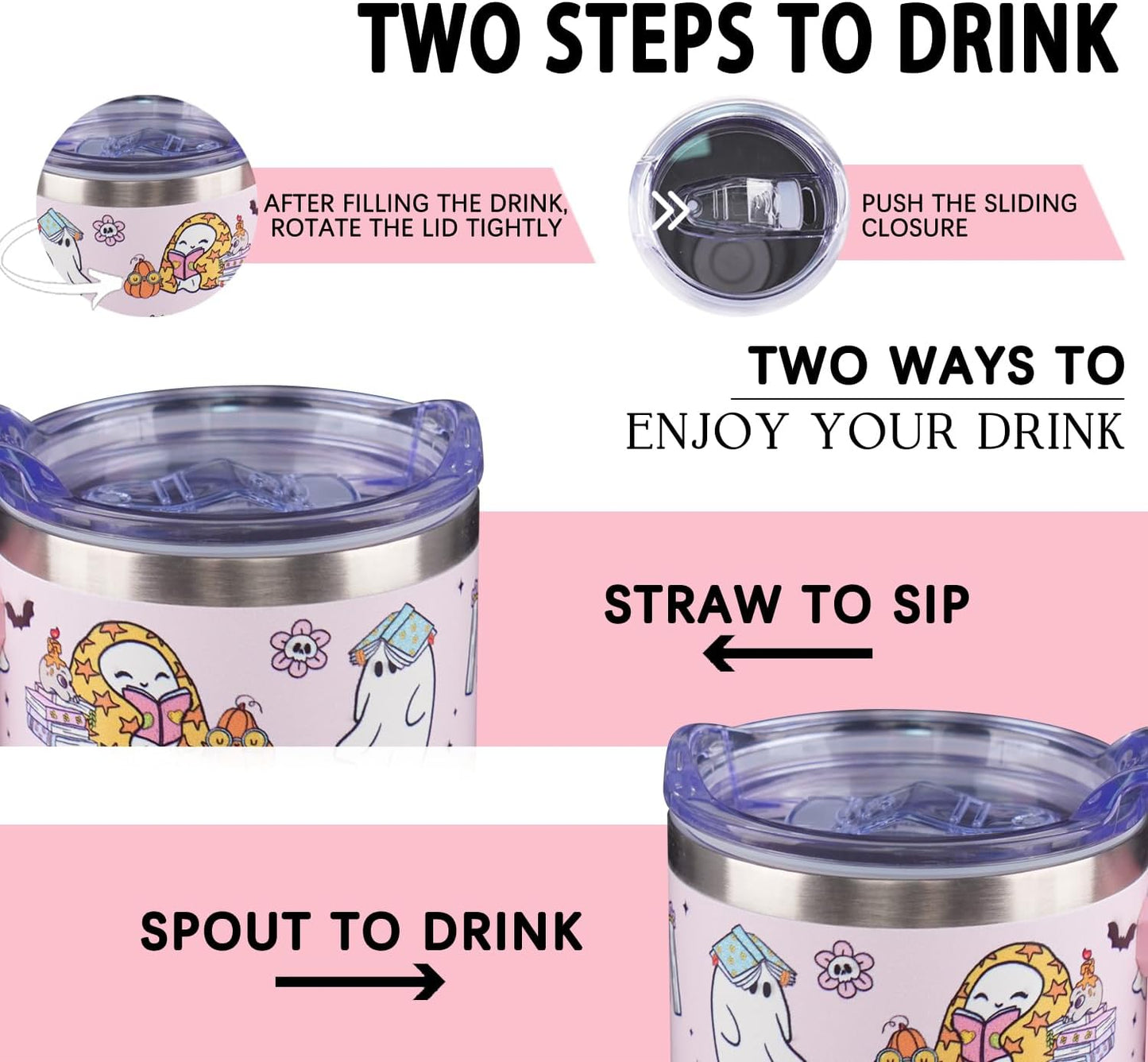 40 oz Halloween Tumbler with Lid and Straw, Stainless Steel Insulated Ghost Reading Book Tumbler 40 oz, Reusable Ghost Cup with Leak Proof Lid, Halloween Gifts for Women
