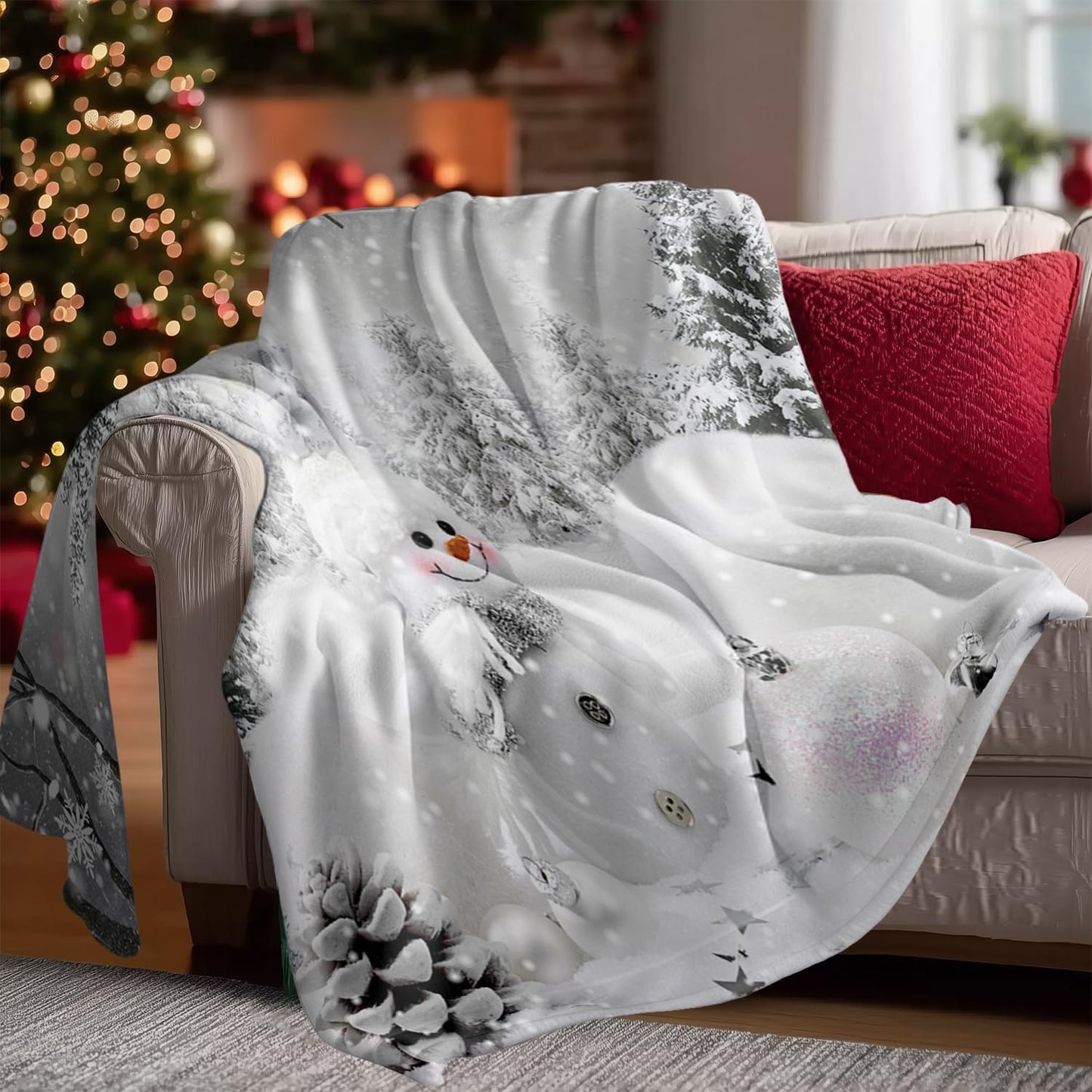 Merry Christmas Winter Throw Blanket, Snowman Xmas Pine Tree Forest Farmhouse Warm Flannel Blanket for Living Room Couch Bed Chair or Dorm, 50x60 Inch
