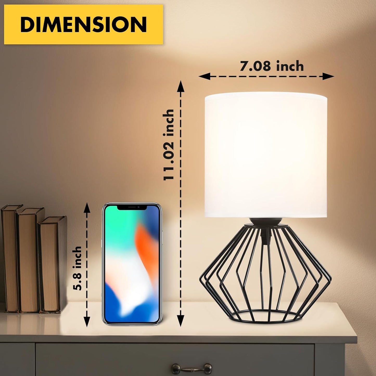 Hamilyeah Table Lamps Set of 2, Black Bedside With On/Off Switch, Industrial for Night Stands With White Fabric Shade, Modern Simple for Bedroom, Living Room