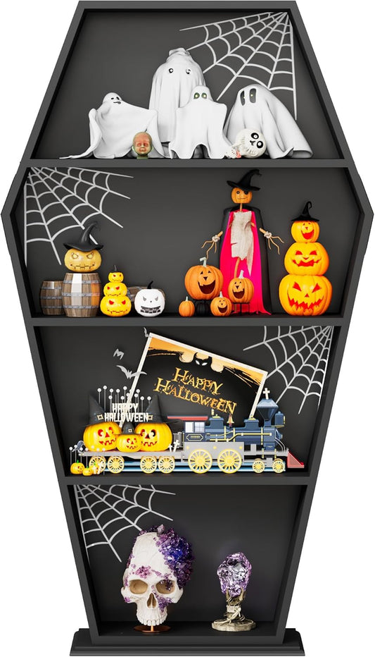 Halloween Goth Coffin Bookshelf 48''H - Wood Tall Coffin Shelf with Spider Web Gothic Decor, Black Spooky Curio Shelf for Home Decor