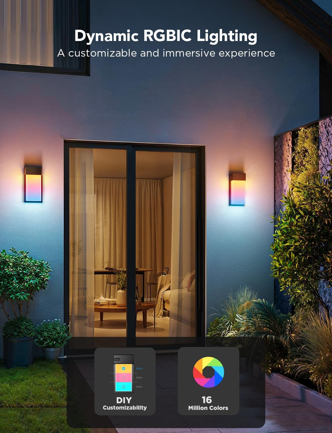 Govee Outdoor Wall Light, 1500LM Smart RGBIC Porch Lights Outdoor with 45 Scene Modes, IP65 Waterproof for Outdoor Decor, DIY, Wall Sconce Works with Alexa, Google Assistant and Matter, 2 Pack