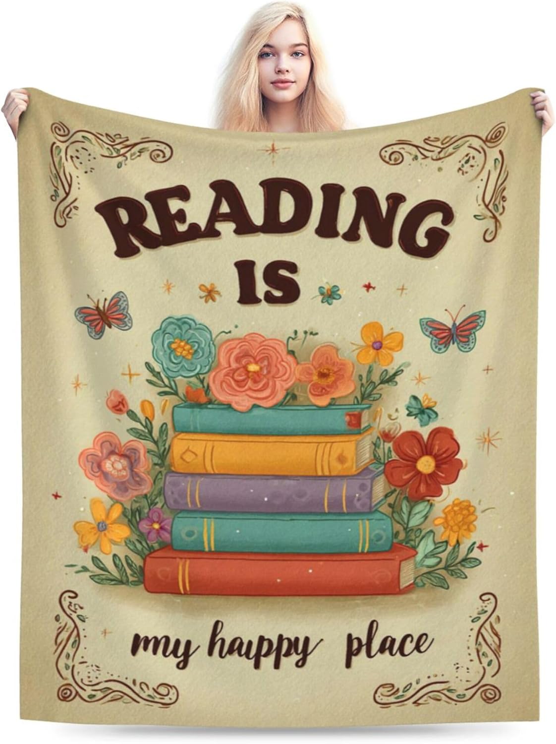 Book Lover Blanket, Reading is My Happy Place Throw, Retro Floral Bibliophile Gift for Women Teachers Librarians, Soft Flannel Fleece Blanket, Cozy Cottagecore Bookish Room Decor 60"x50"