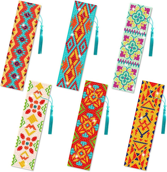 6Pcs Geometric 5D Diamond Art Bookmarks Vintage Floral Diamond DIY Painting Bookmarks Rhinestones Beaded Acrylic Tassel Bookmark for Adult Beginner Crafts