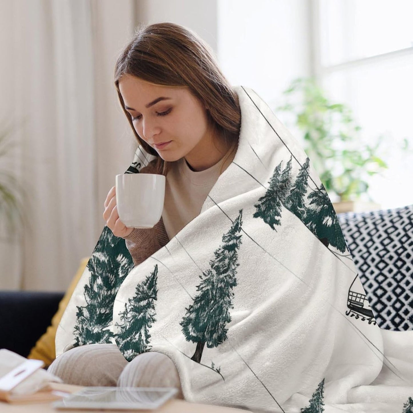 Ski Lift with Fir Tree Blanket Super Soft Lightweight Throw Blanket Cute Cozy Warm Bed Blanket Decorative Fuzzy Blanket All-Season Home Decor Gift for Sofa Couch Living Room 60"*80"（150 * 200cm）