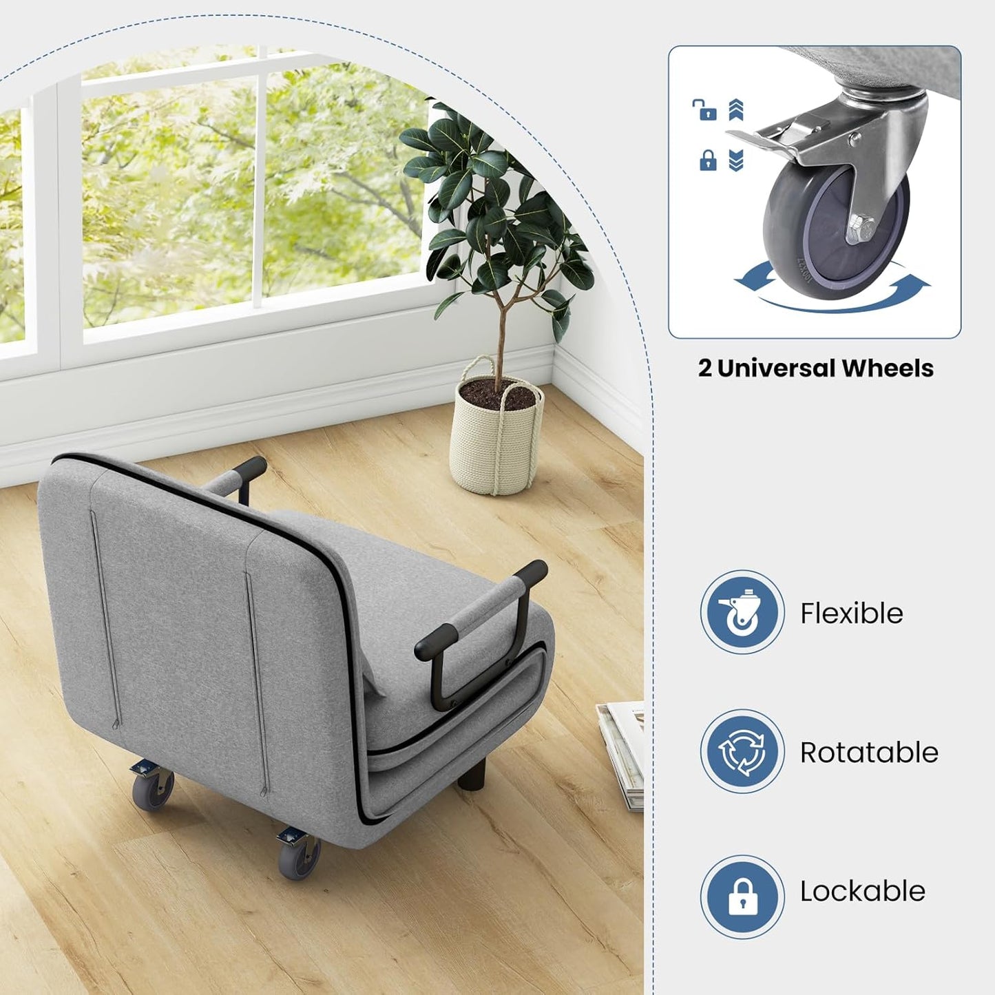 KOMFOTT Convertible Chair, Sleeper Chair with 5-Position Adjustable Backrest & Lumbar Pillow, 2 Hidden Metal Legs & 2 Lockable Casters, Comfy Chaise Lounge for Living Room & Home Office, Grey
