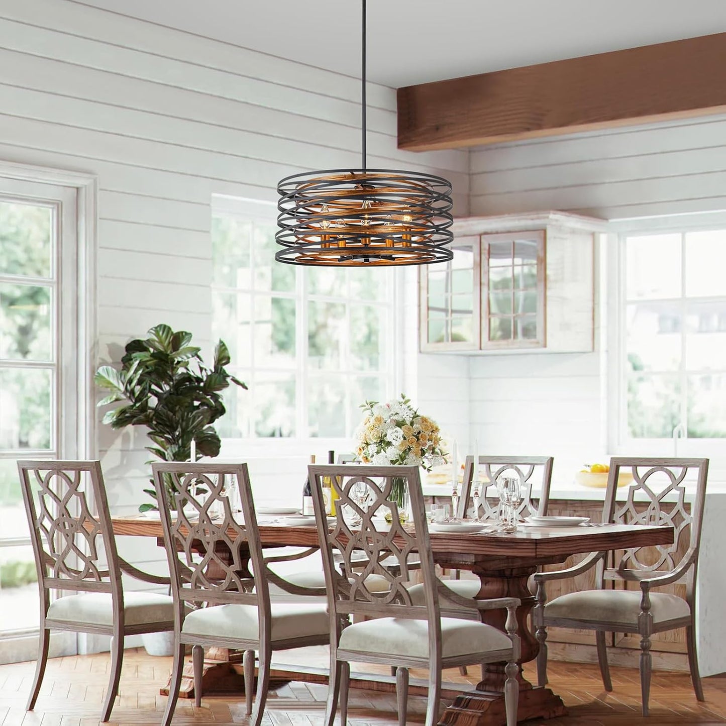 5-Light Farmhouse Drum Chandeliers, 2-Tiers Pendant Light Fixture for Dining Room, Living Room, Bedroom, Adjustable Height 17~47", Wood Texture & Matte Black Finish