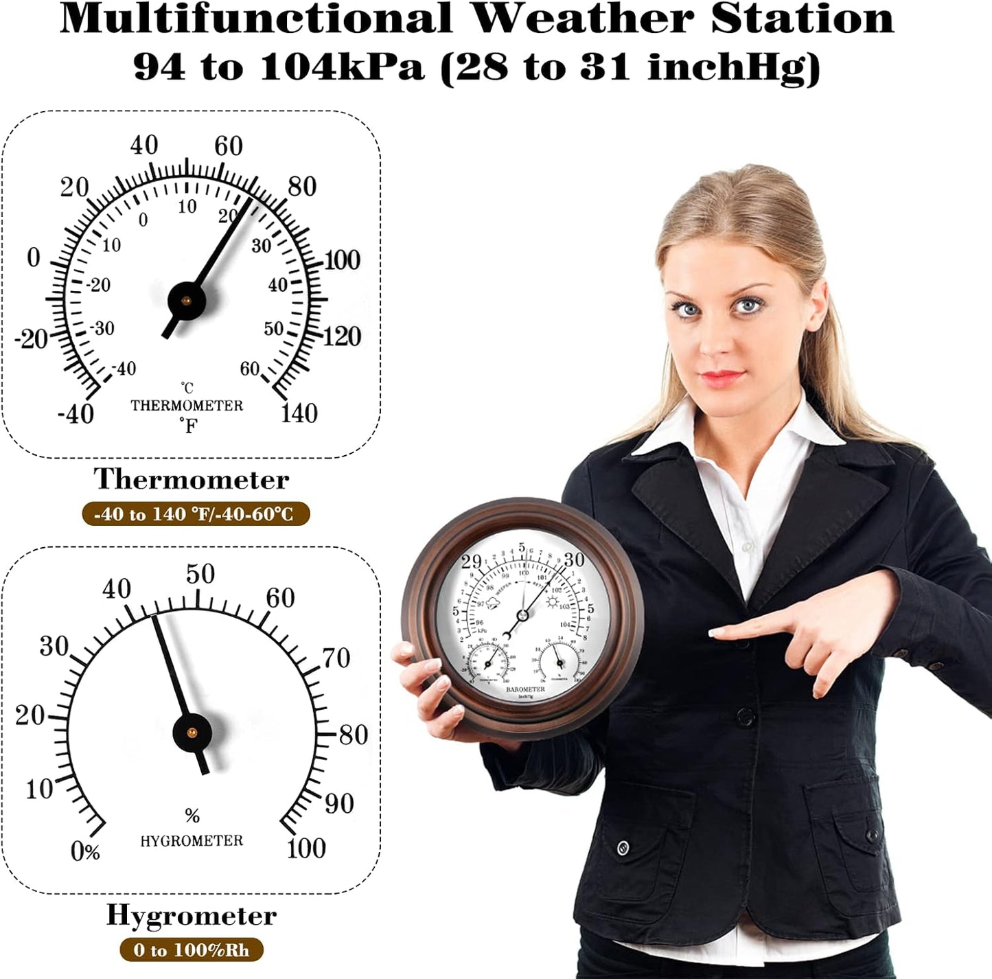 Lirches 8'' Barometer Thermometer Hygrometer - 3 in 1 Atmospheric Pressure Temperature Hygrometer Weather Station, Hanging Premium Steel Barometer for Home Wall, Fishing Boat, Baby Room, Office
