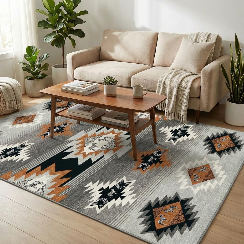 5x7 Area Rugs for Living Room: Gradient Gray & Terracotta Tribal Southwestern Zebra Geometric Area Rug Washable Non-Slip Backing for Living Room Bedroom Leisure Area Decor