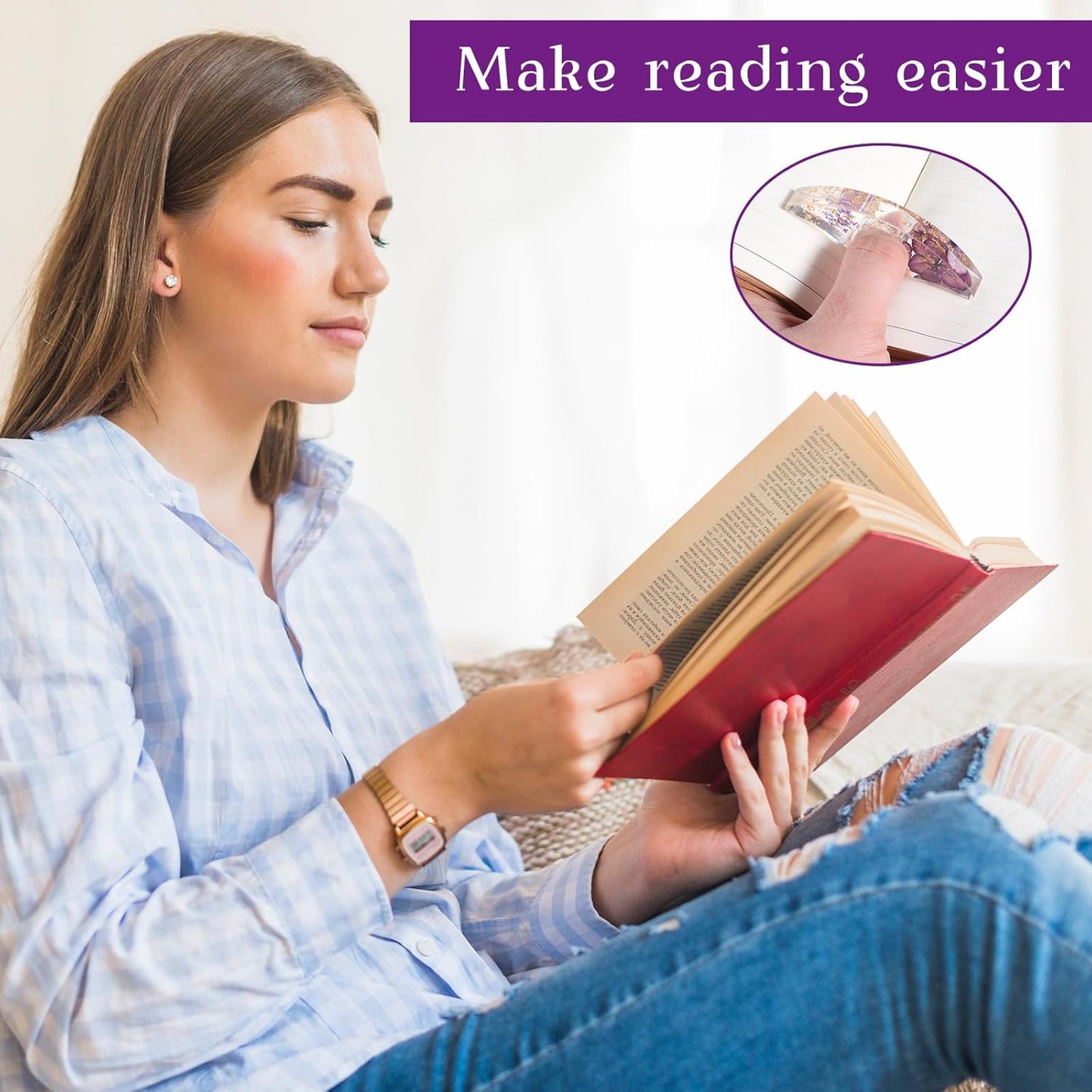 4 Pcs Books Page Holder Dried Flower Resin Transparent Thumb Bookmark Bookpage Holder Book Clips to Hold Books Open Book Accessories Gift for Reading Lovers Teachers Students (Purple Pink Red Yellow)
