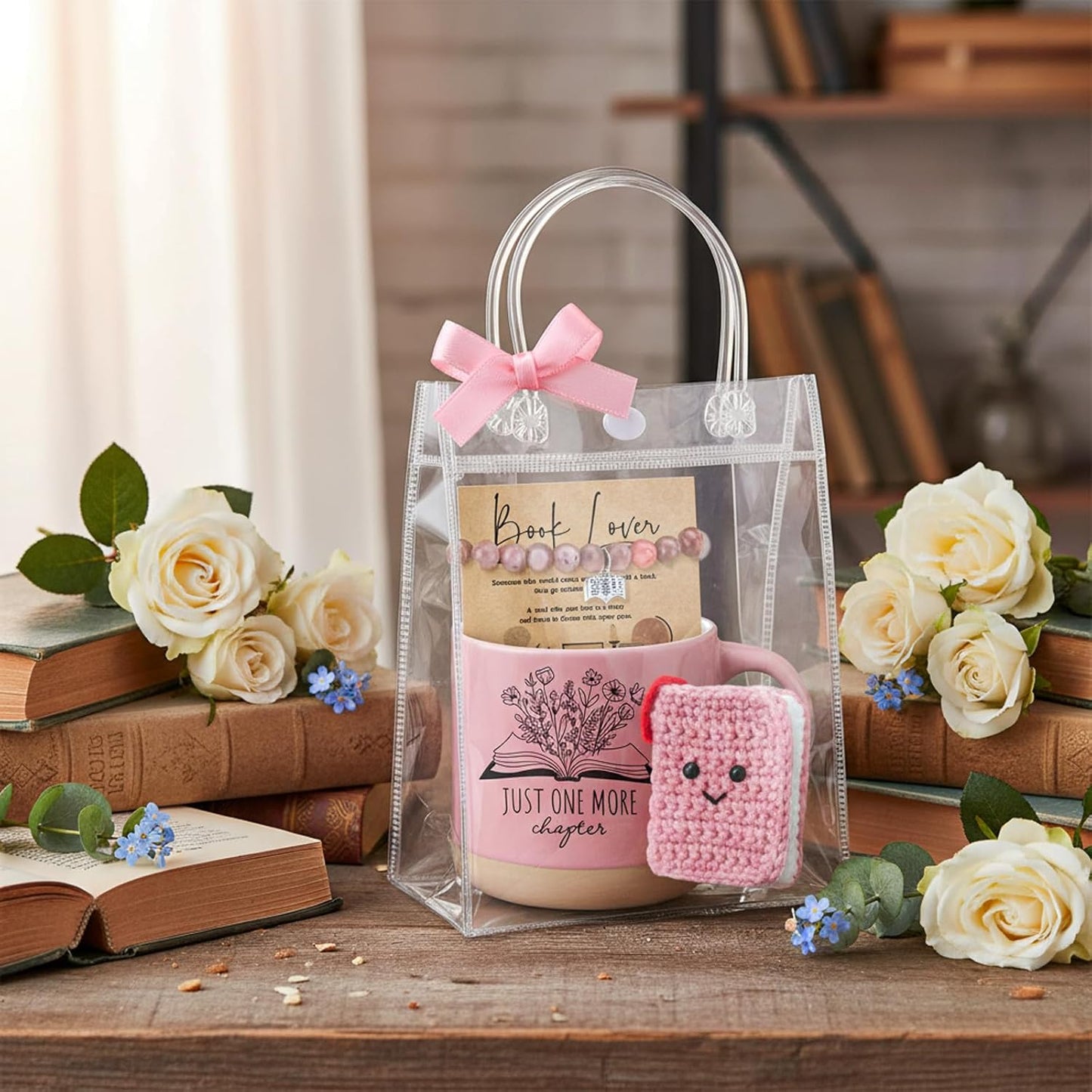 Roshtia Book Lover Gift for Women Bookworm Coffee Mug Mini Crochet Book Bracelet Card and Bag Bookish Club Accessories for Friend Librarian Reader Coworker Teacher, 1 Set