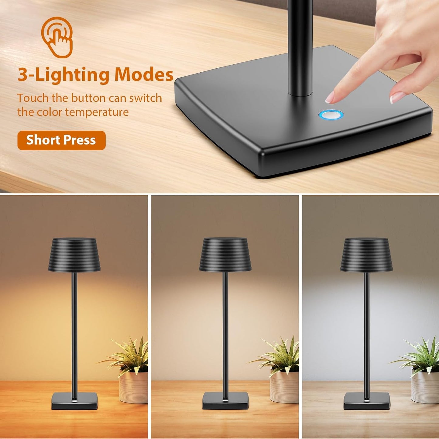 2Pack Cordless Table Lamps Rechargeable,Battery 6000mAh LED Portable Lights for Outdoor/Patio/Restaurant/Indoor Desk Lamp - IP54 Waterproof 3 Colors Stepless Dimming (2pack Black)