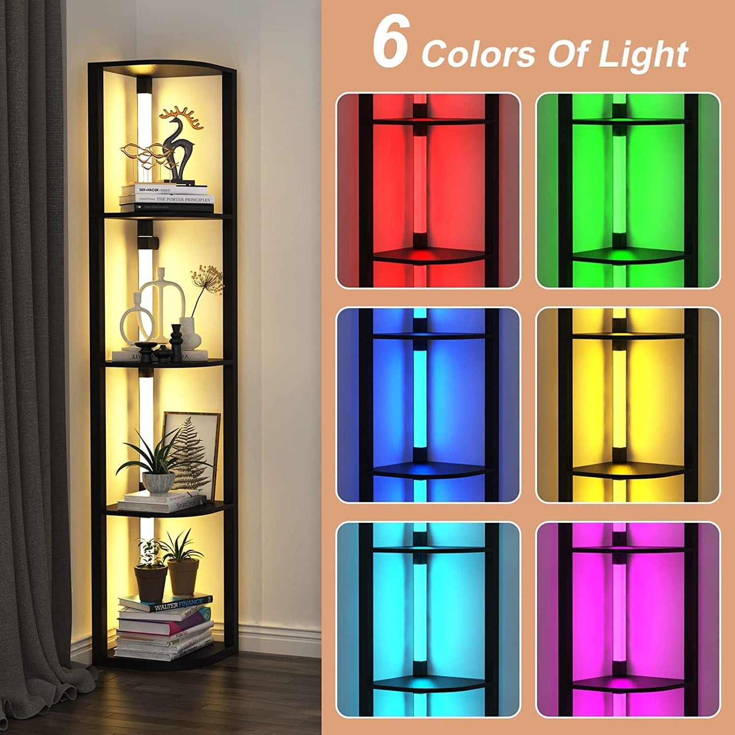 VTRIN Corner Shelf with Light, Modern Home Decor Stand Floor Lamps with Storage Shelves for Collectibles, Sturdy 5-Tier Corner Bookshelf Cabinet Display Shelf for Living Room Bedroom Small Space