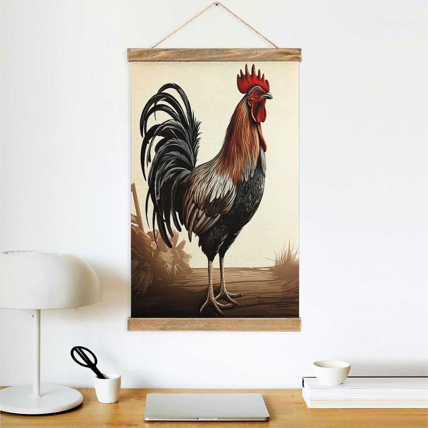 Vintage Rooster Poster with Wooden Frame Personalized Linen Hanging Scroll Painting Rustic Wall Hanging Illustrative Modern Artwork Decor for Home Living Room Bedroom Office