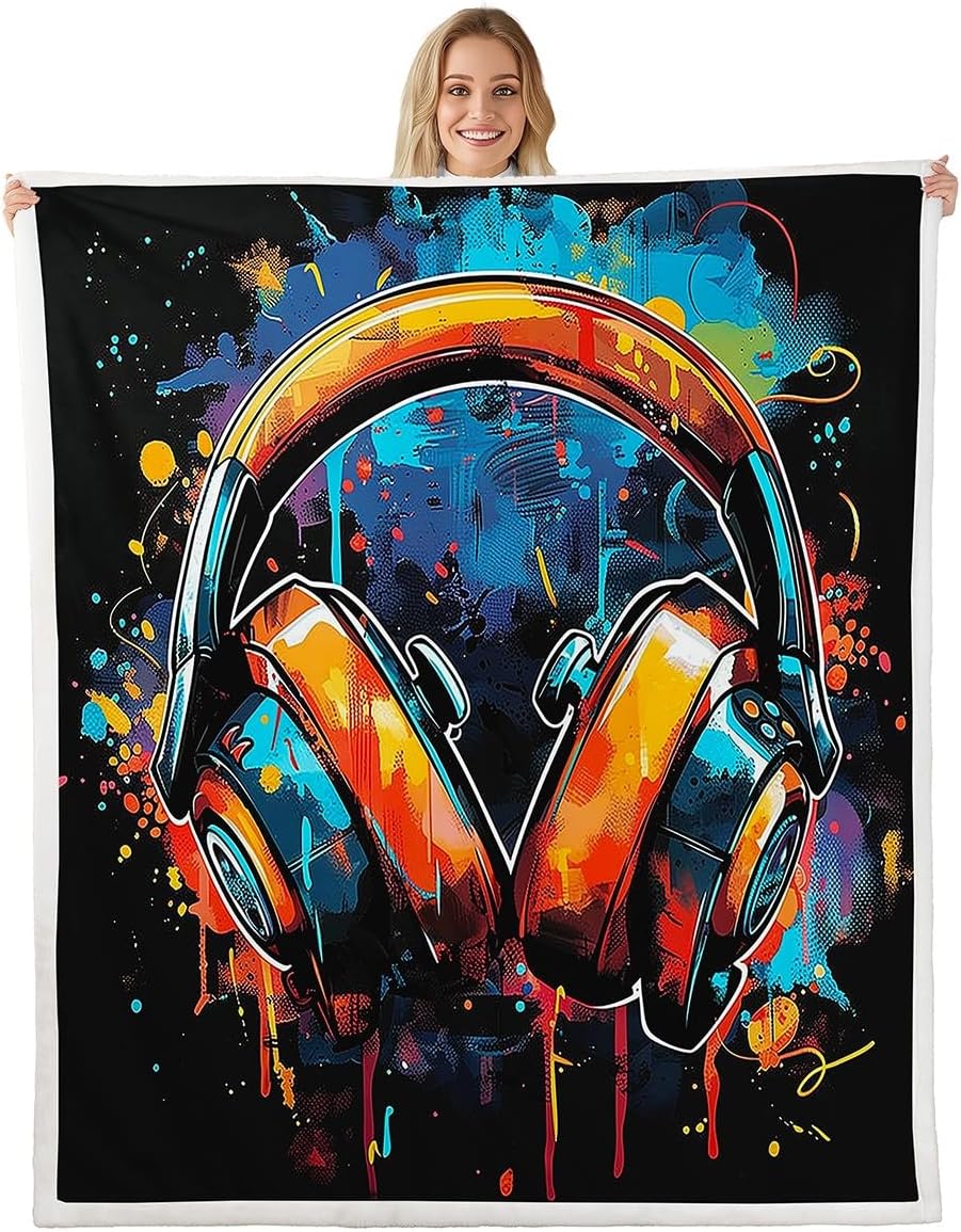Erosebridal Headphones Blanket Throw 50"x60",Music Theme Headphone Blankets and Throws for Kids Boys Girls,Musical Fleece Blanket Grunge Colorful Graffiti Sherpa Blanket Bedroom Decor