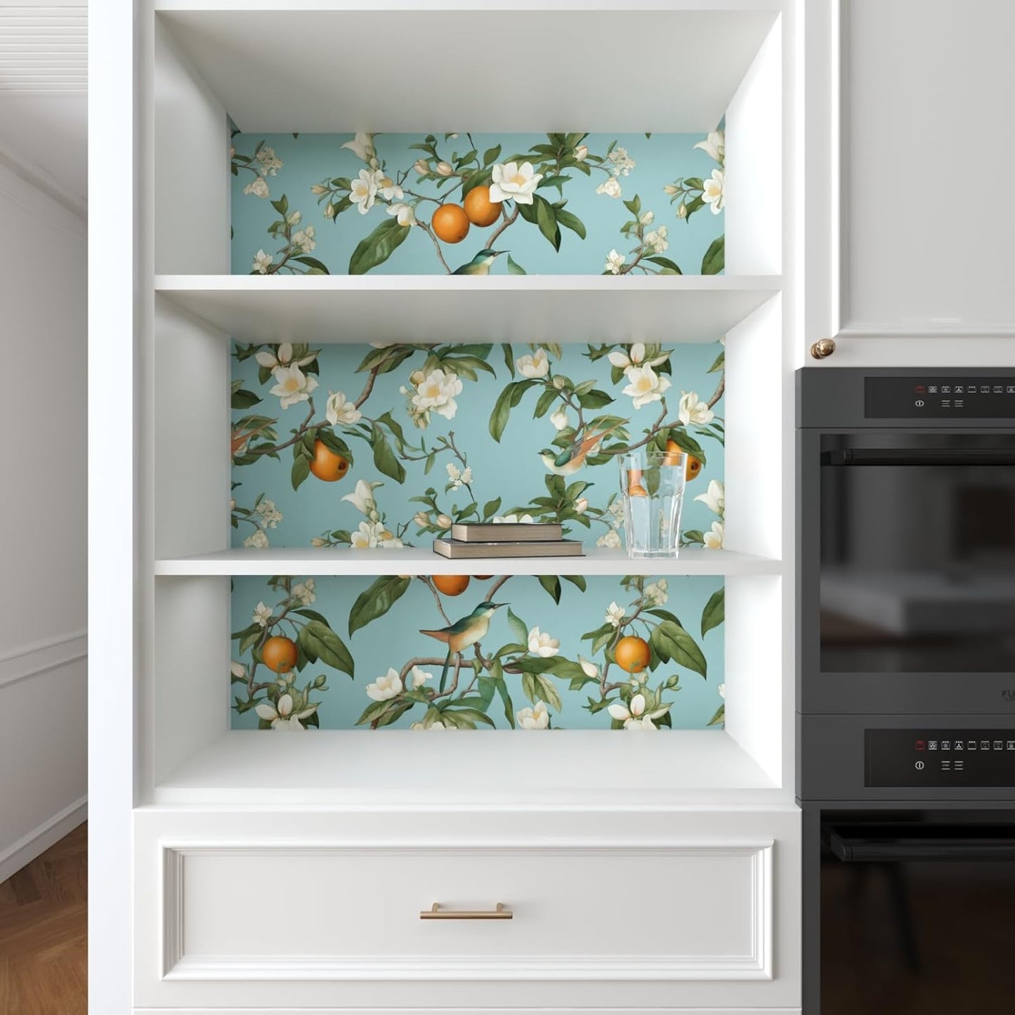 Blue Floral Wallpaper Peel and Stick, Vintage Bird Leaf Fruit Contact Paper, Self Adhesive Removable Retro Wall Mural Wall Paper for Room Walls Shelves Cabinet Table Decor 17.5" x 118"