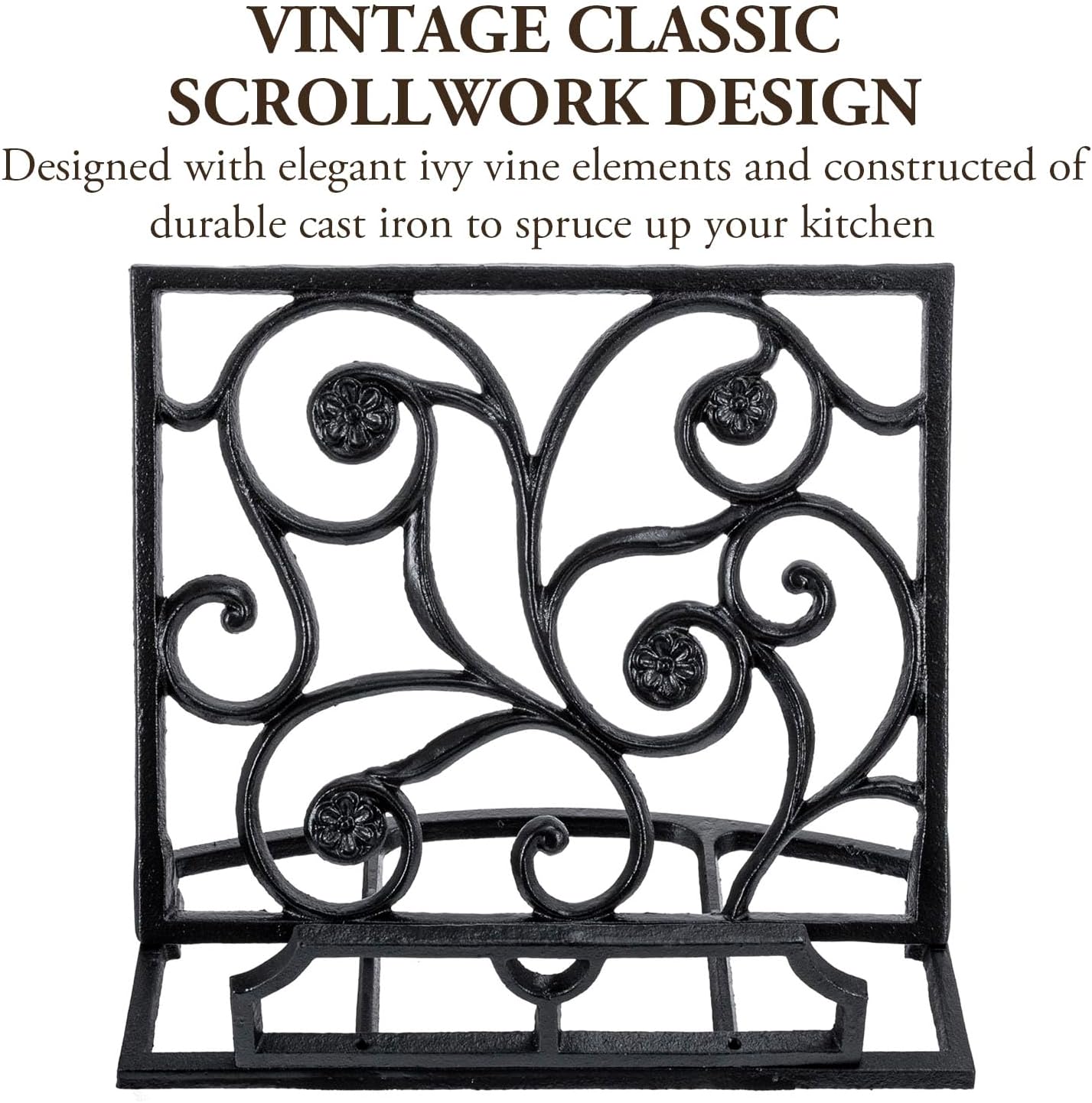 MyGift Black Metal Cookbook Holder Stand with Decorative Cookbook Word Cutout and Tree Silhouette Design, Countertop Recipe Book Tablet Easel Holder with Folding Kickstand (Art Deco)