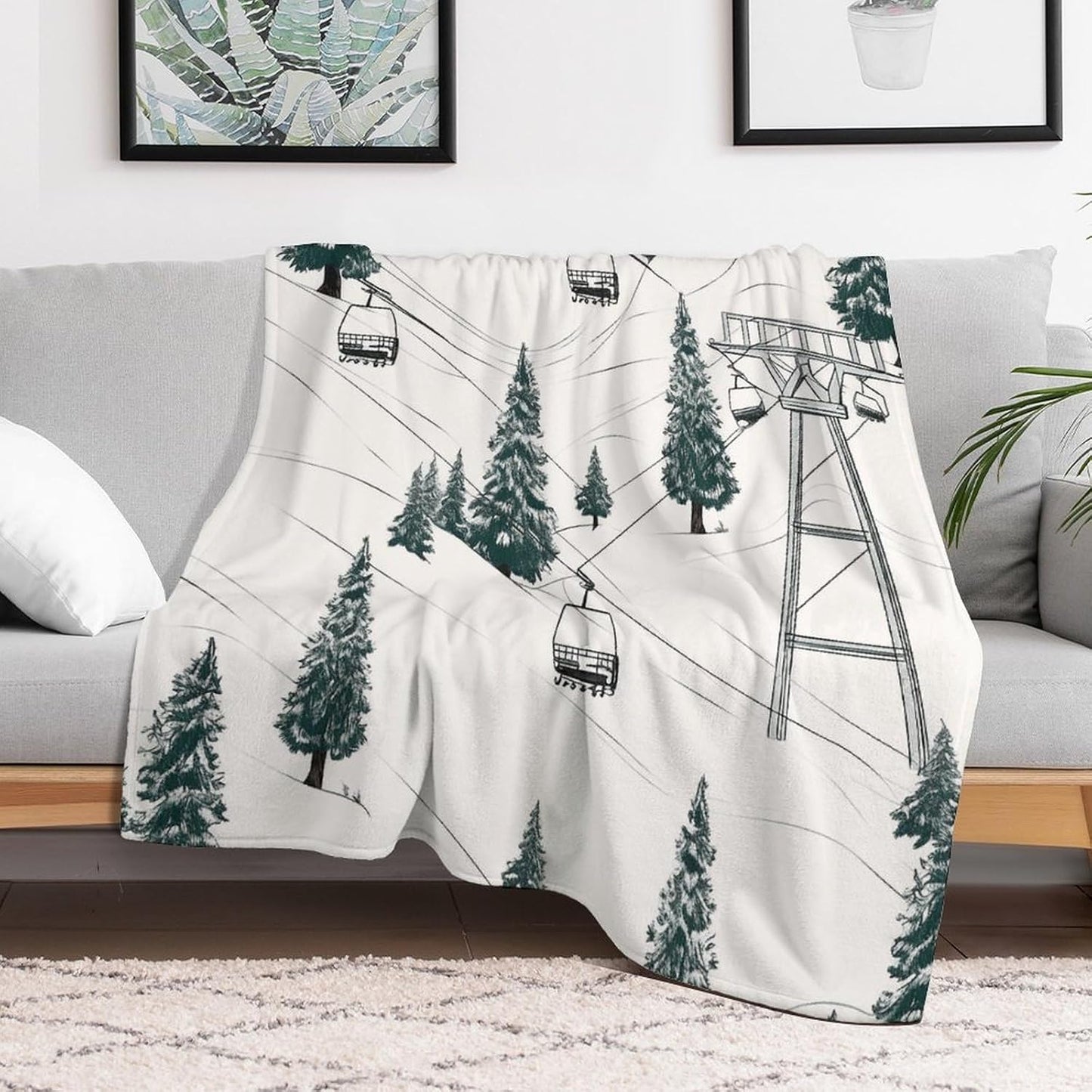 Ski Lift with Fir Tree Blanket Super Soft Lightweight Throw Blanket Cute Cozy Warm Bed Blanket Decorative Fuzzy Blanket All-Season Home Decor Gift for Sofa Couch Living Room 60"*80"（150 * 200cm）
