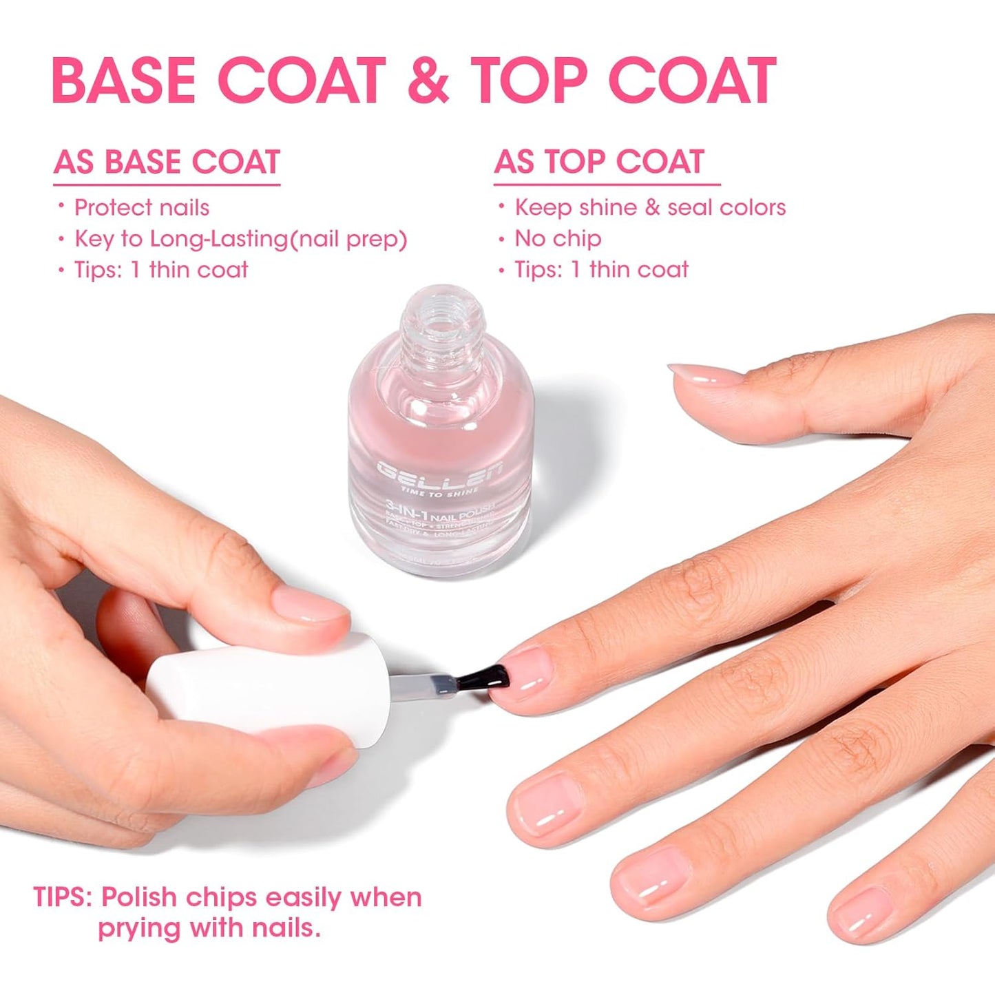 GELLEN 3-In-1 Clear Nail Strengthener, Base Top Coat, No Base Top & Light Needed, Shine Sheer Nail Polish Fortify Weak Dry Damaged Nails | Keratin Vitamin E, Anti-yellow | Toxin TPO HEMA Free, No Pink