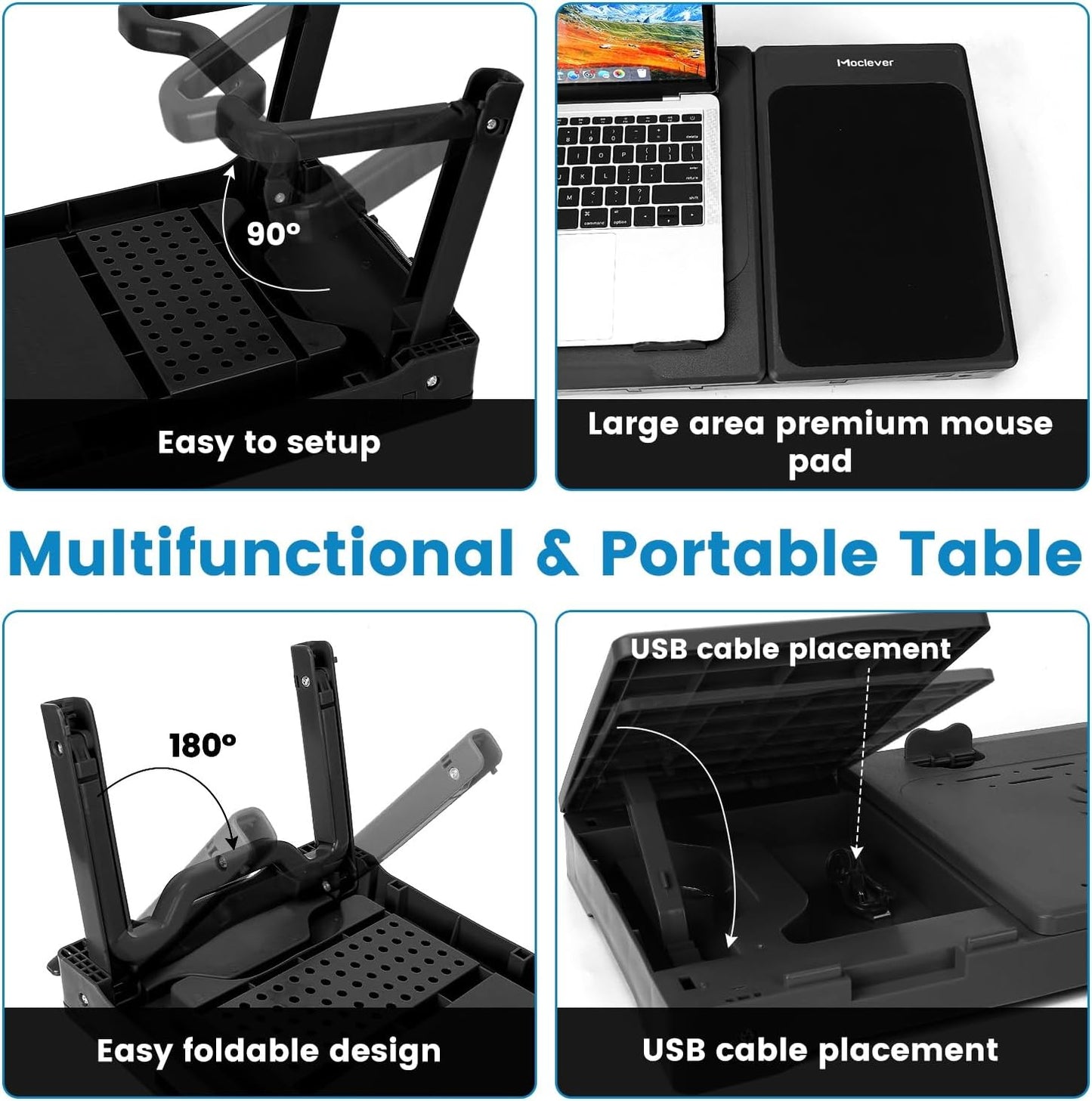 Foldable Laptop Table, Portable Bed Notebook Desk, Height Adjustable Laptop Stand with Cooling Fan LED Light 4 x USB Ports Breakfast Tray Storage Groove for Home Office Use (Black)