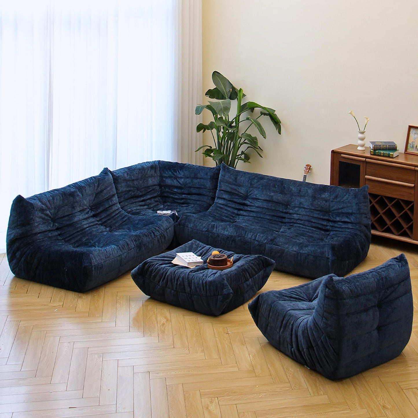 N&V Fireside Chair, Mid Century Armless Floor Sofa, Soft Premium Chenille Floor Lounge Chair, Foam Sofa Accent Chair for Living Room Bedroom and Office (Blue, Single)