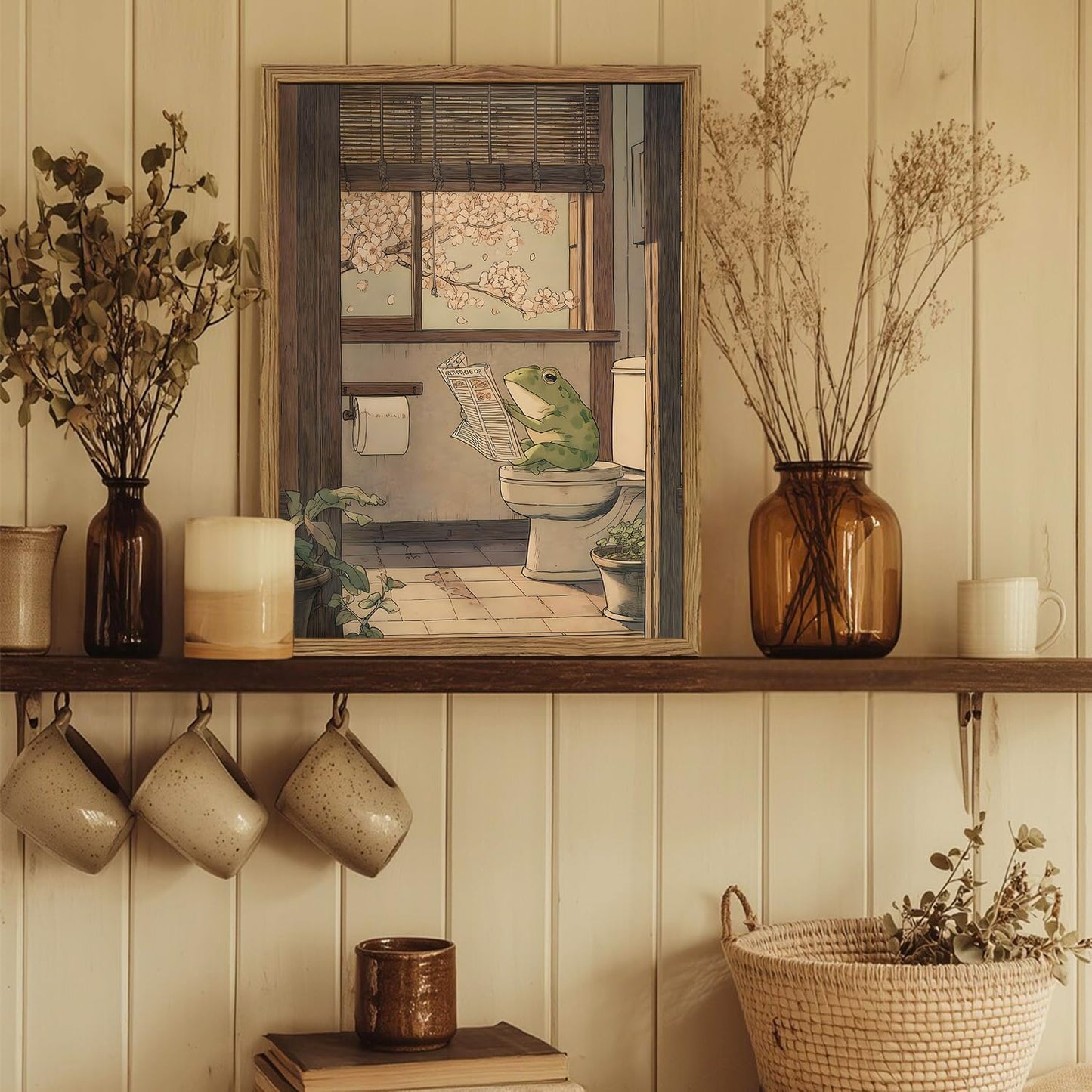 Funny Japanese Frog Bathroom Wall Art Whimsical Frog Reading Newspaper on Toilet Wall Decor Picture Vintage Animal Restroom Poster Canvas Painting Print 16x24 inch Wood Framed