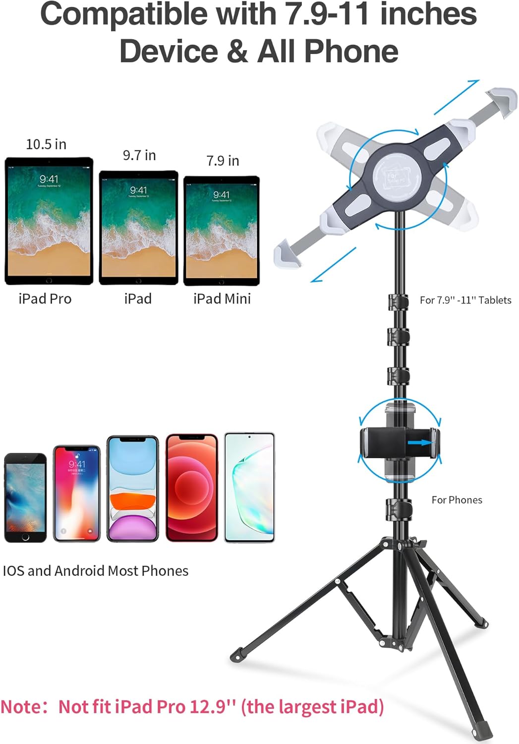 elitehood iPad Tripod Stand, Aluminum Alloy iPad Stand, 360 Rotation Adjustable Height iPad Stand Holder for Floor, Universal Compatible with All 7.9-11 Inch Tablet