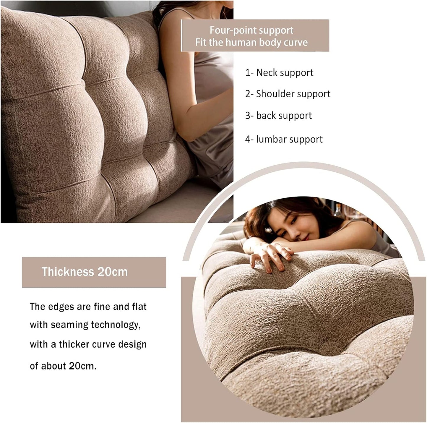 Rectangular Positioning Support Headboard Pillow,Large Bed Bolster Lumbar Cushion for Rest Reading,for Day Bed & Bunk Bed with Removable Cover (Color : Light Brown, Size : 20060CM)