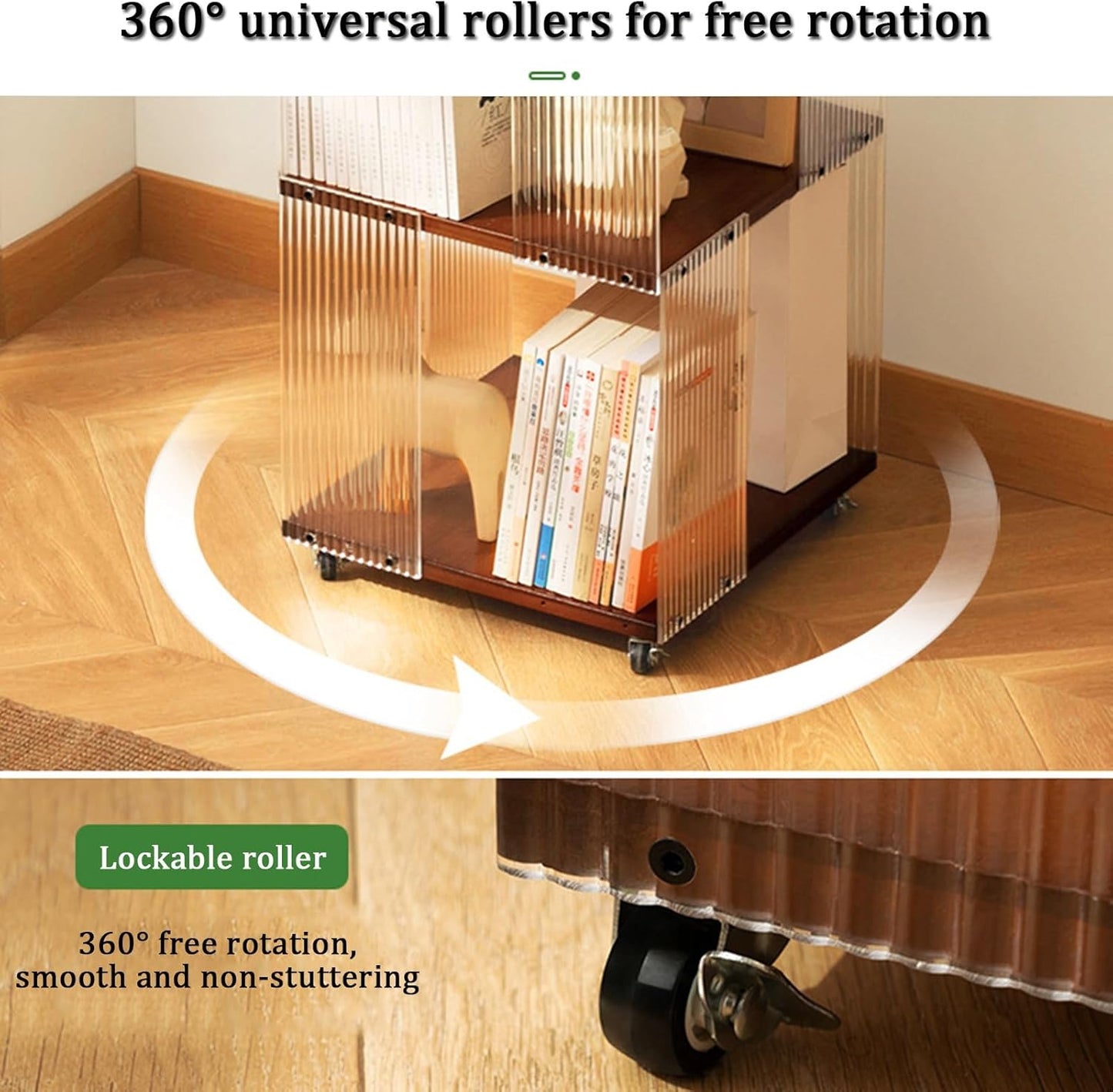 YVYKFZD Rotating Bookshelf, 5/6 Tier Revolving Bookcase, Acrylic 360° Display Storage Rack, Narrow Corner Book Shelf Organizer with Wheels, for Small Space, Study(Brown,6 Tier 13.7x13.7x73.6)