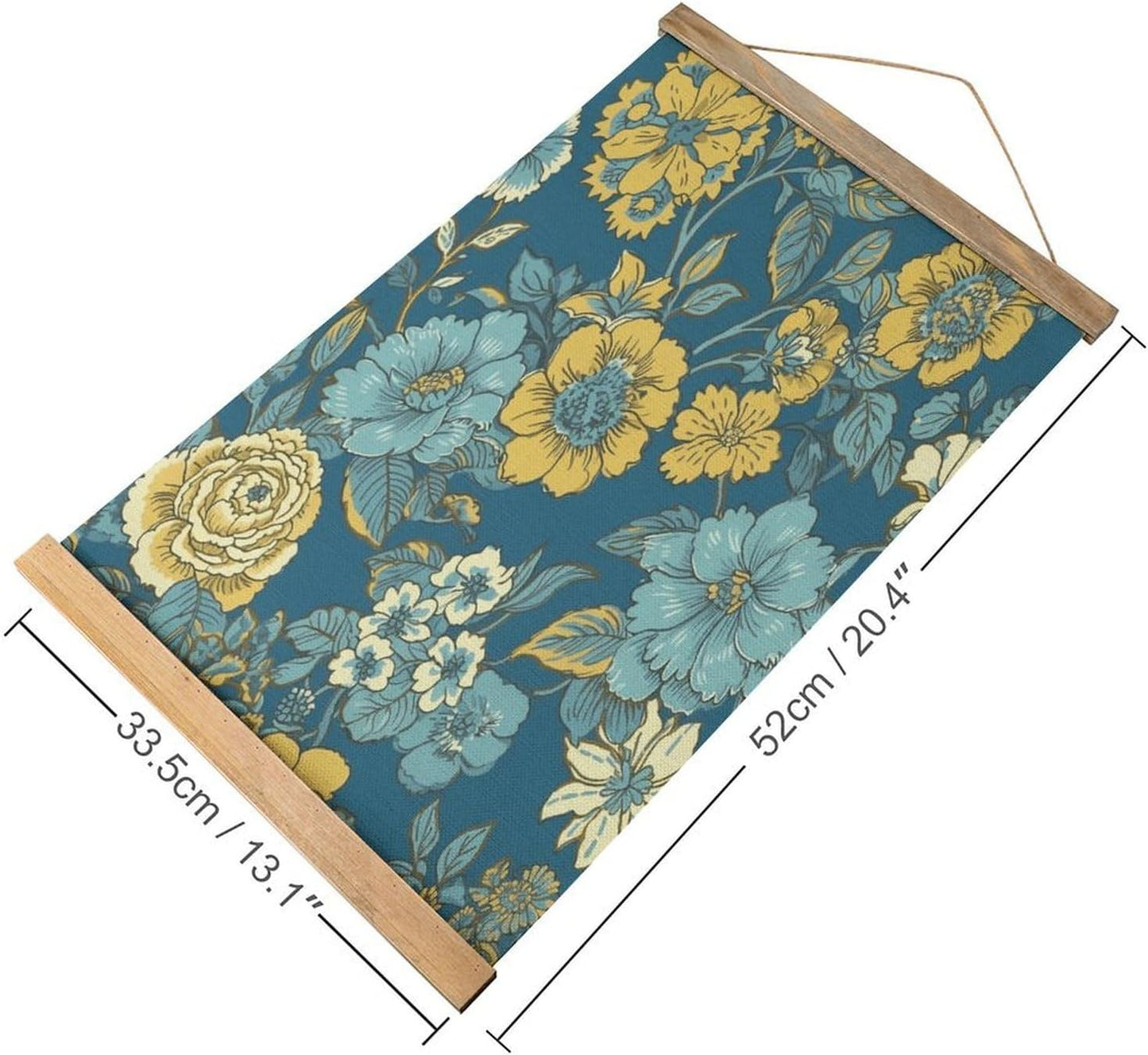 Vintage Blue And Yellow Flowers Poster with Wooden Frame Personalized Linen Hanging Scroll Painting Rustic Wall Hanging Illustrative Modern Artwork Decor for Home Living Room Bedroom Office