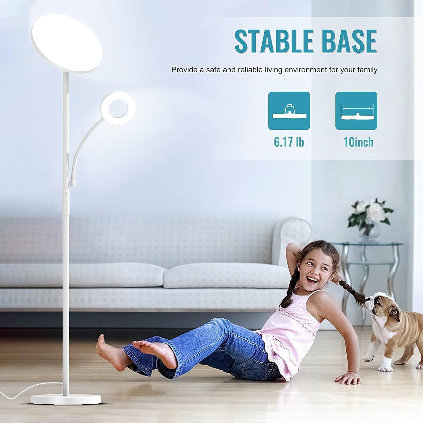 White Floor Lamp, 42W 4000LM Super Bright LED Room Lamp with Adjustable Reading Light,Dimmable Modern Standing Lamp with Remote & Touch Control for Room Bedroom Office Floor Light