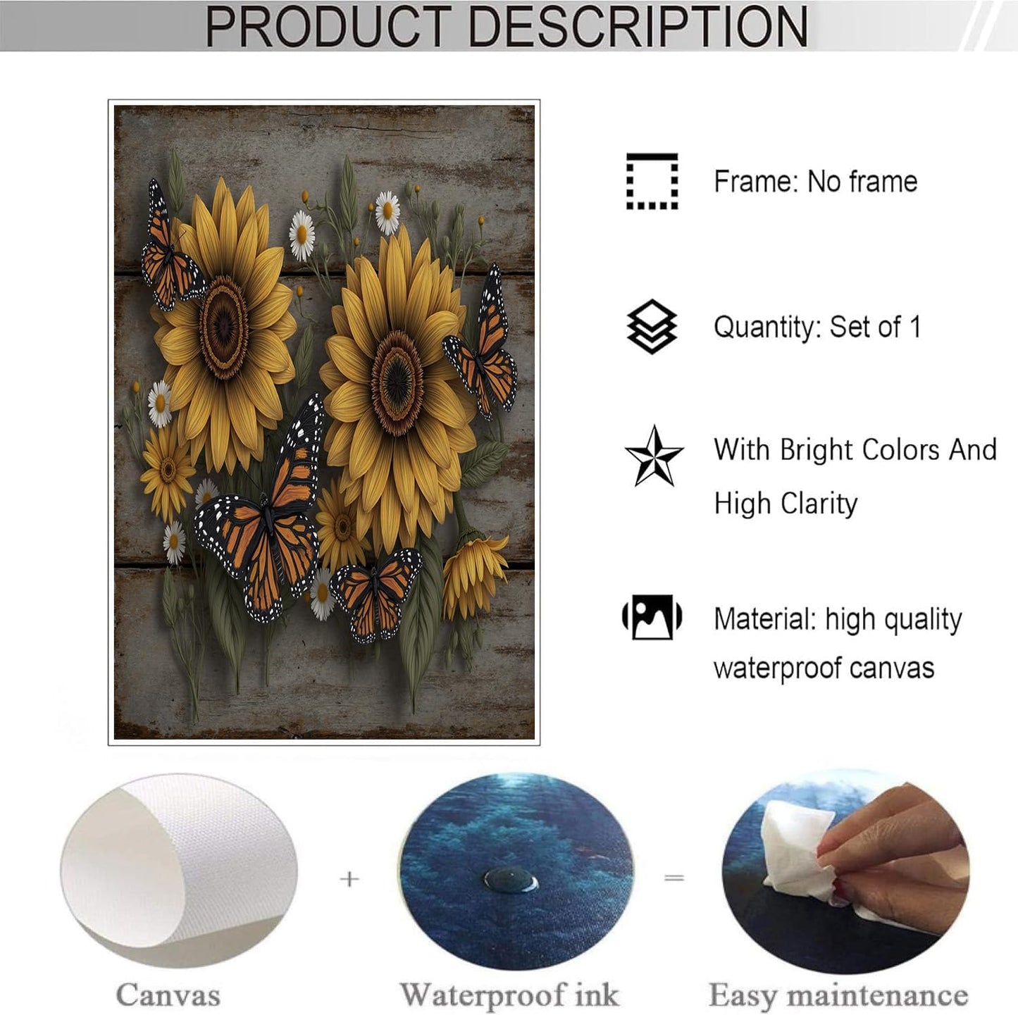 GDJSMIN Rustic Wooden Wall Wall Art, Sunflower Butterfly Illustration Poster for Reading Room Living Room Decor 12x 16 inch Unframed