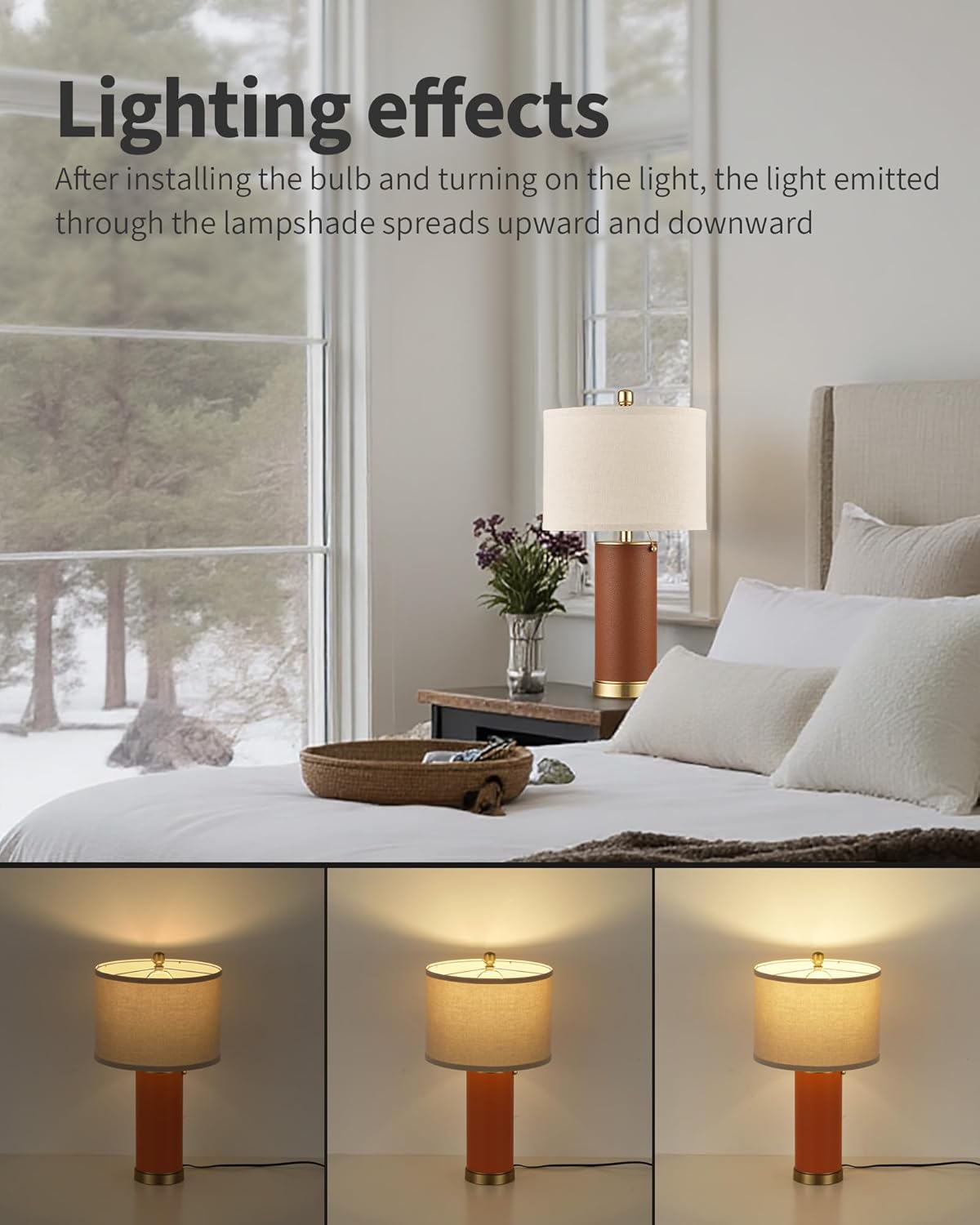 KDG 23.4" Brown PU Leather Table Lamps for Living Room Set of 2, 3 Level Brightness LED Modern Home Decor Fabric Lampshade Desk Lamp Lighitng for Bedroom, Bedside, Farmhouse, Nightstand, Night Light