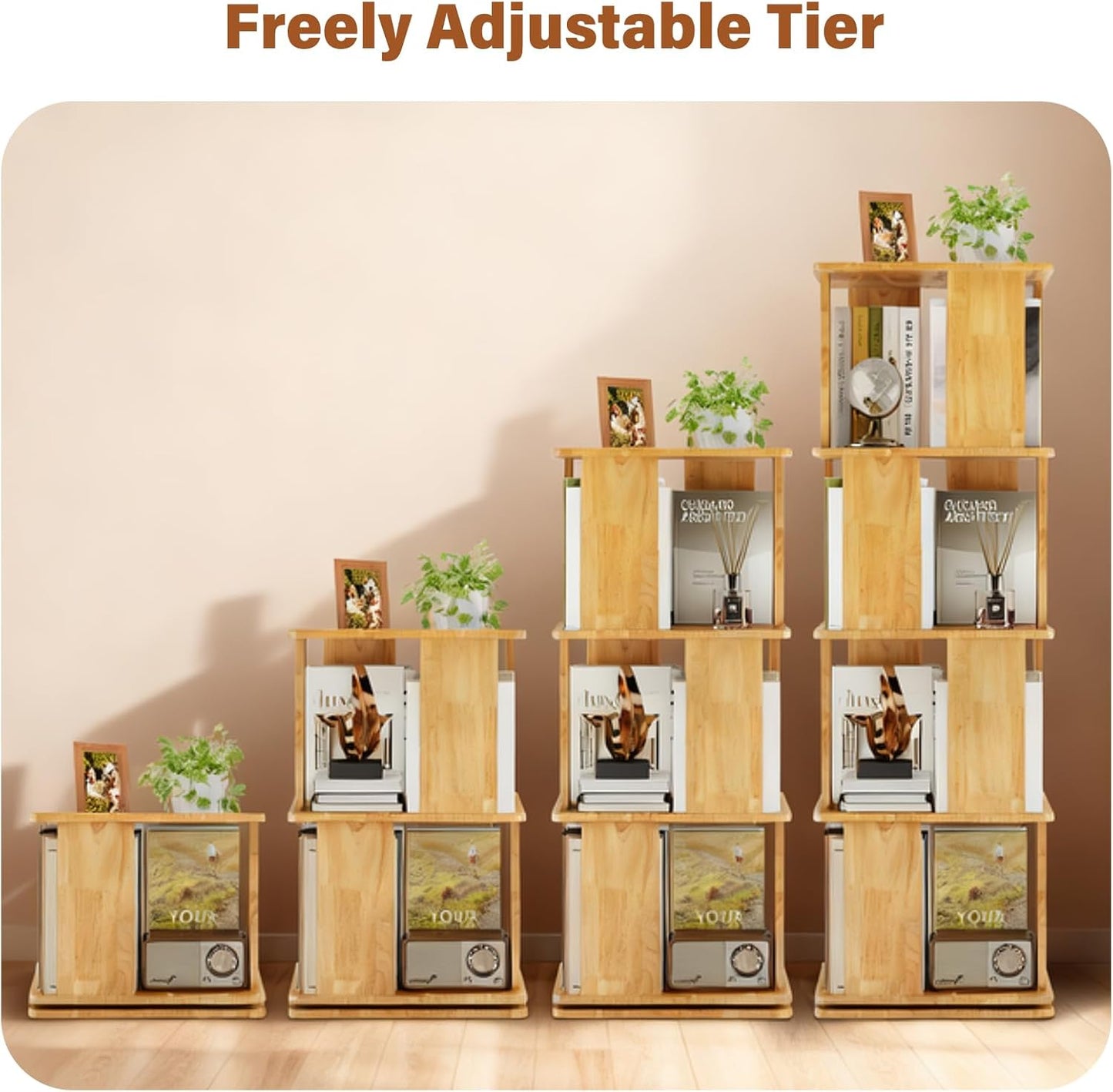 Wooden Rotating Bookshelf 4 Tier, Revolving Bookcase, 360° Spinning Book Shelf Tower Kids, Narrow Bookshelves Lazy Susan Organizer for Small Space, Corner, Bedroom, Living Room, Office, Natural