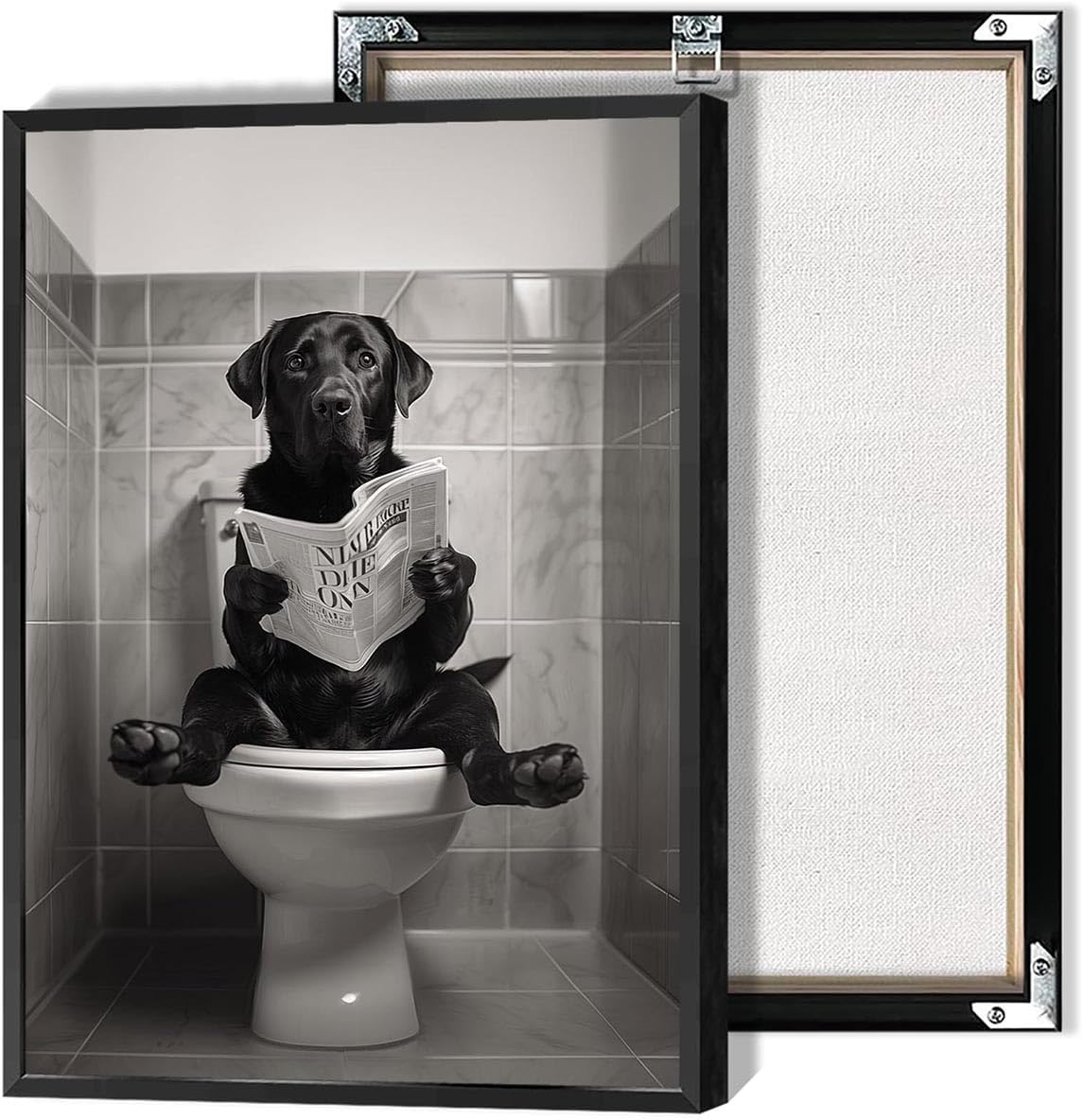 Beshdomp Vintage Black Labrador Retriever Reading On Toilet Newspaper Posters Black And White Canvas Wall Art Funny Animals Aesthetic Prints Painting For Home Bedroom Dorm Wall Decor 8x10in Framed