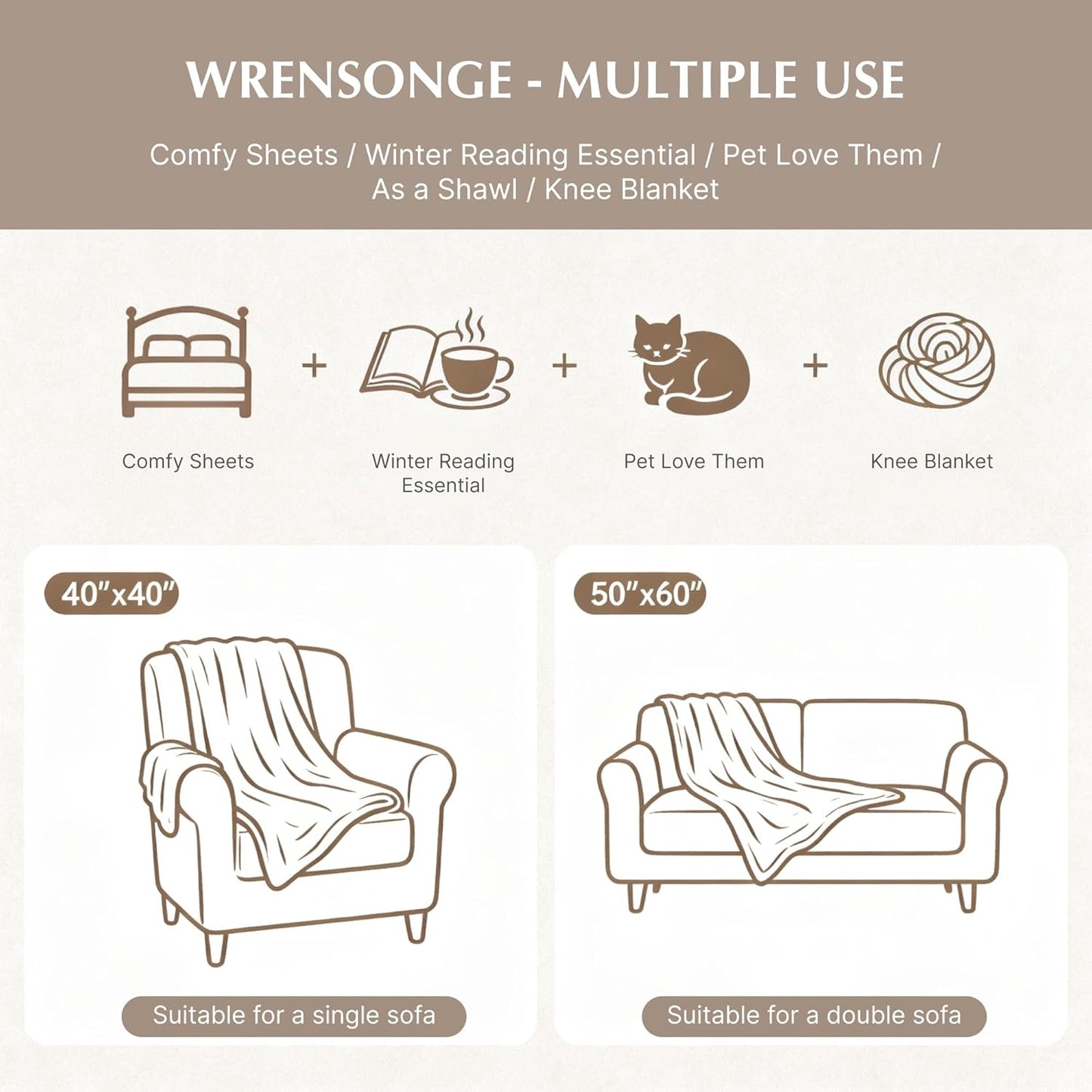 WRENSONGE Chunky Knit Blanket Throw Beige Large Soft Fluffy Cable Knit Crochet Throw 100% Hand Knitted Blanket for Couch Bed(50"x60")