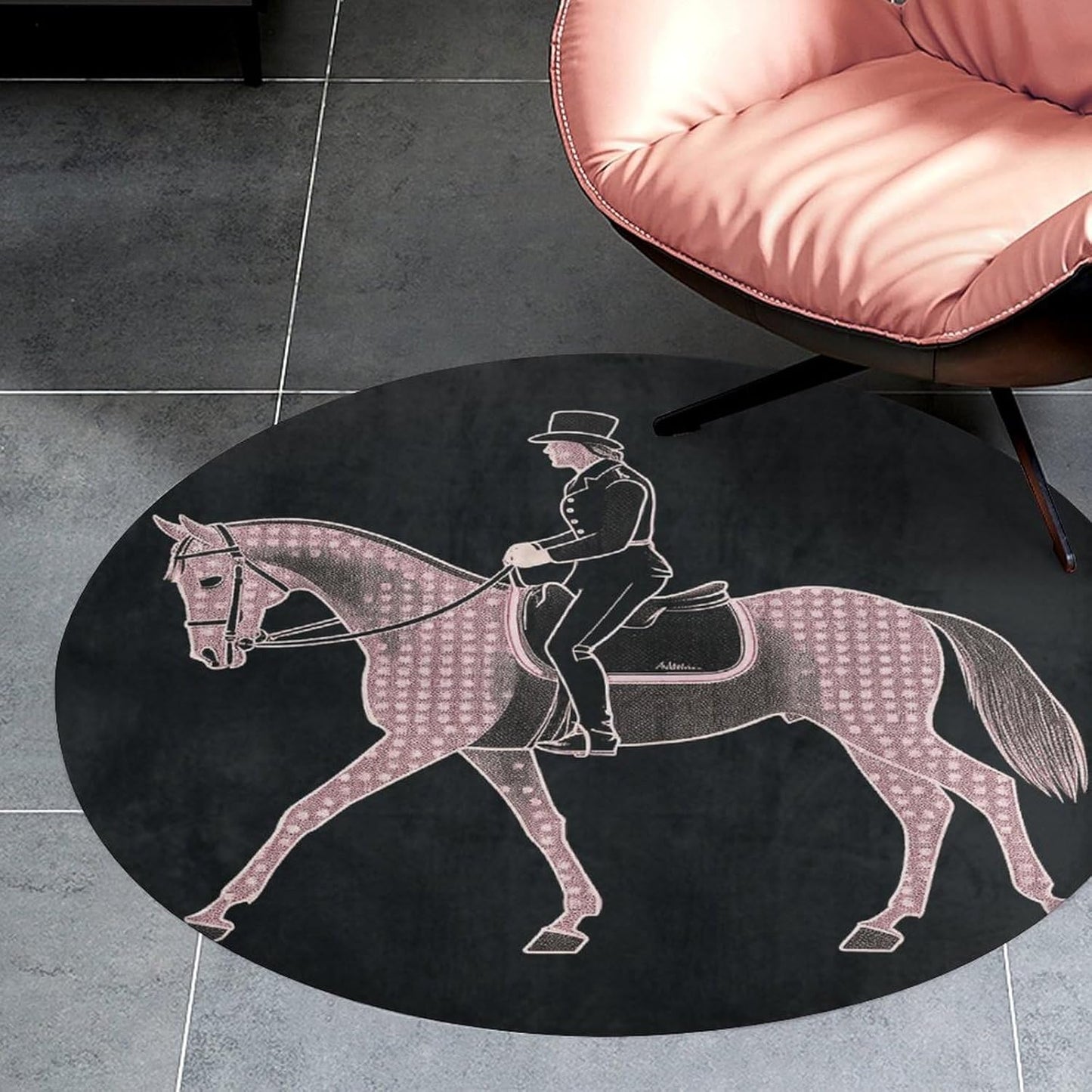 Dressage Dressage Rider Horse Circle Rug Retro Luxury Coral Velvet Floor Mat Non Slip Soft Indoor Floor Carpet Comfy Thickened Area Rugs Modern Aesthetic Minimalist Carpets for Home Decor