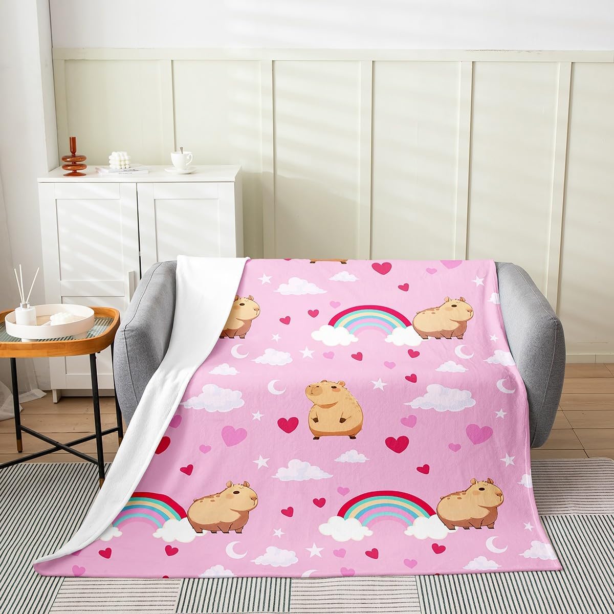 Erosebridal Kids Capybara Flannel Blanket,Twin 60x80 inch Rainbow Animal Bed Blanket for Boys Girls,Pink Love Heart Throw Blanket,Galaxy Clouds Stars Fleece Blanket for Living Room