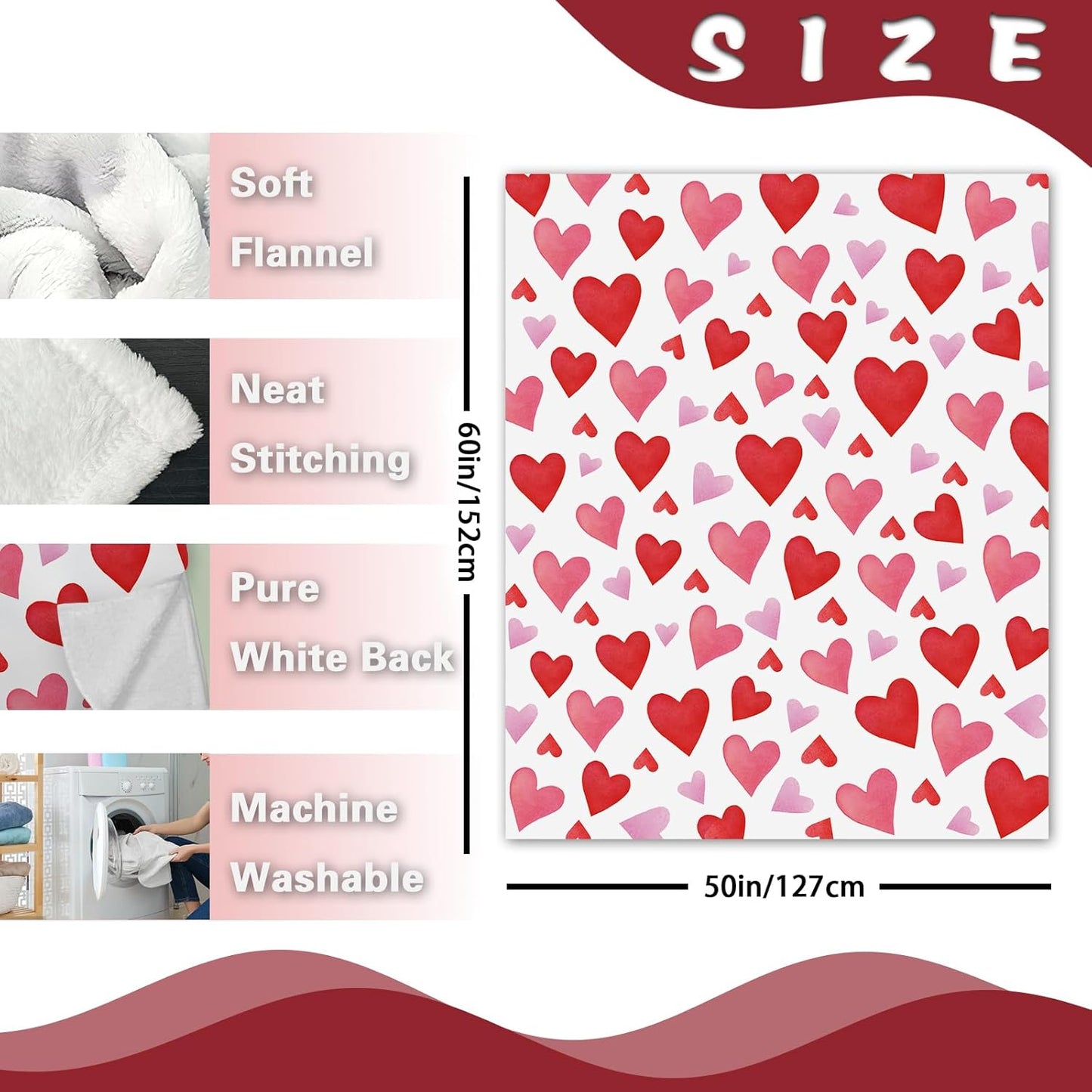 Valentines Day Flannel Throw Blanket, Pink Red Love Heart Anniversary Wedding Birthday Gifts for Women Girlfriend Wife Lover, Romantic Soft Blanket for Bedding Sofa 50" x 60"
