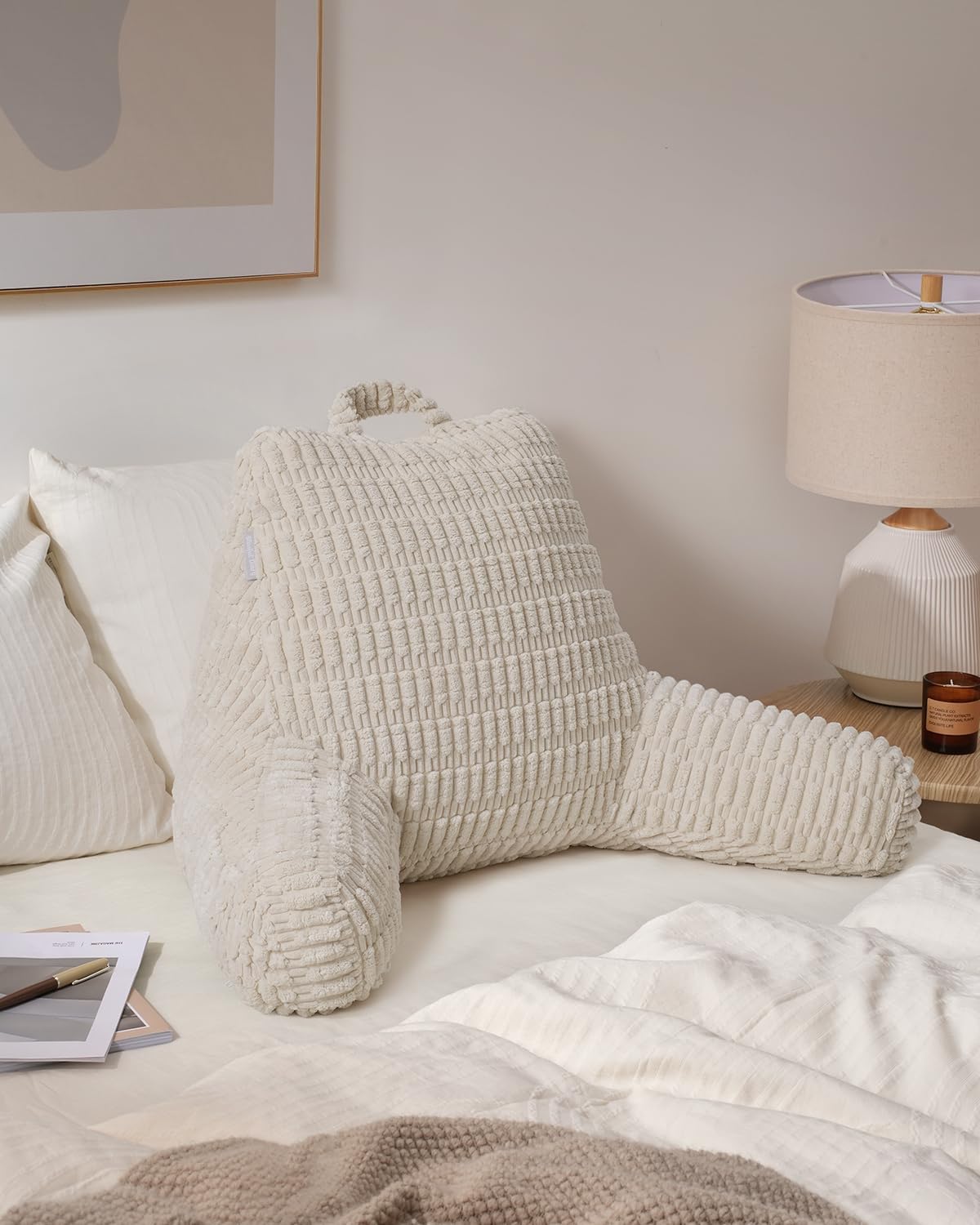 Shredded Memory Foam Reading Pillow with Arms — Pockets, Washable Cover, Bed or Couch