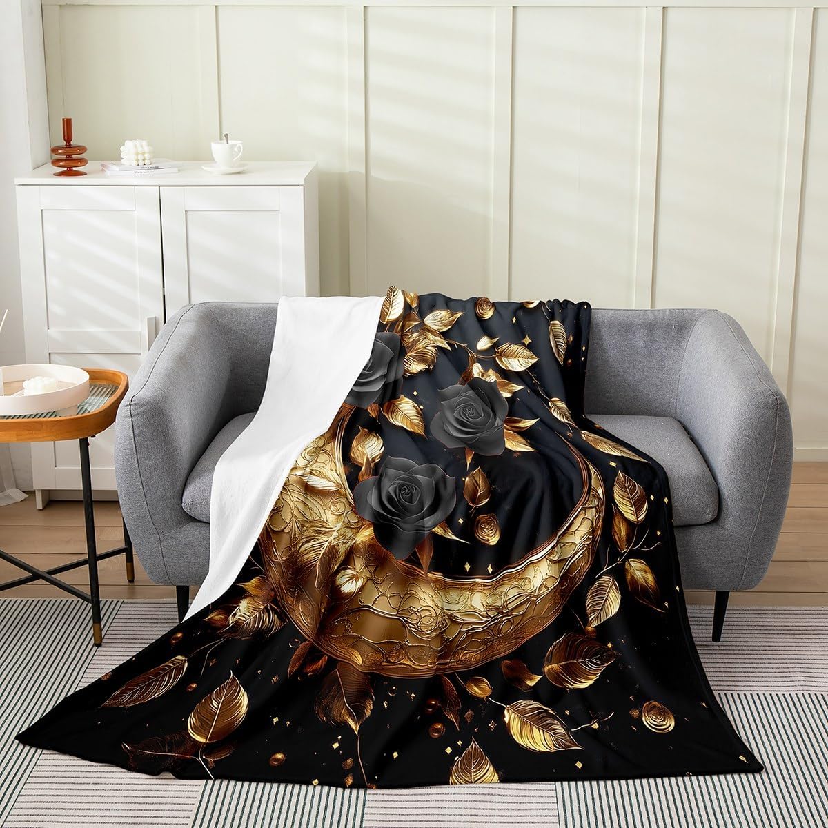 Erosebridal Rose Floral Blanket 40x50,Vintage Crescent Moon Throw Blanket for Girls Women,Elegant Baroque Victorian Fuzzy Blanket,Gold Leaves Flowers Flannel Blanket,Golden Black,Luxury Soft