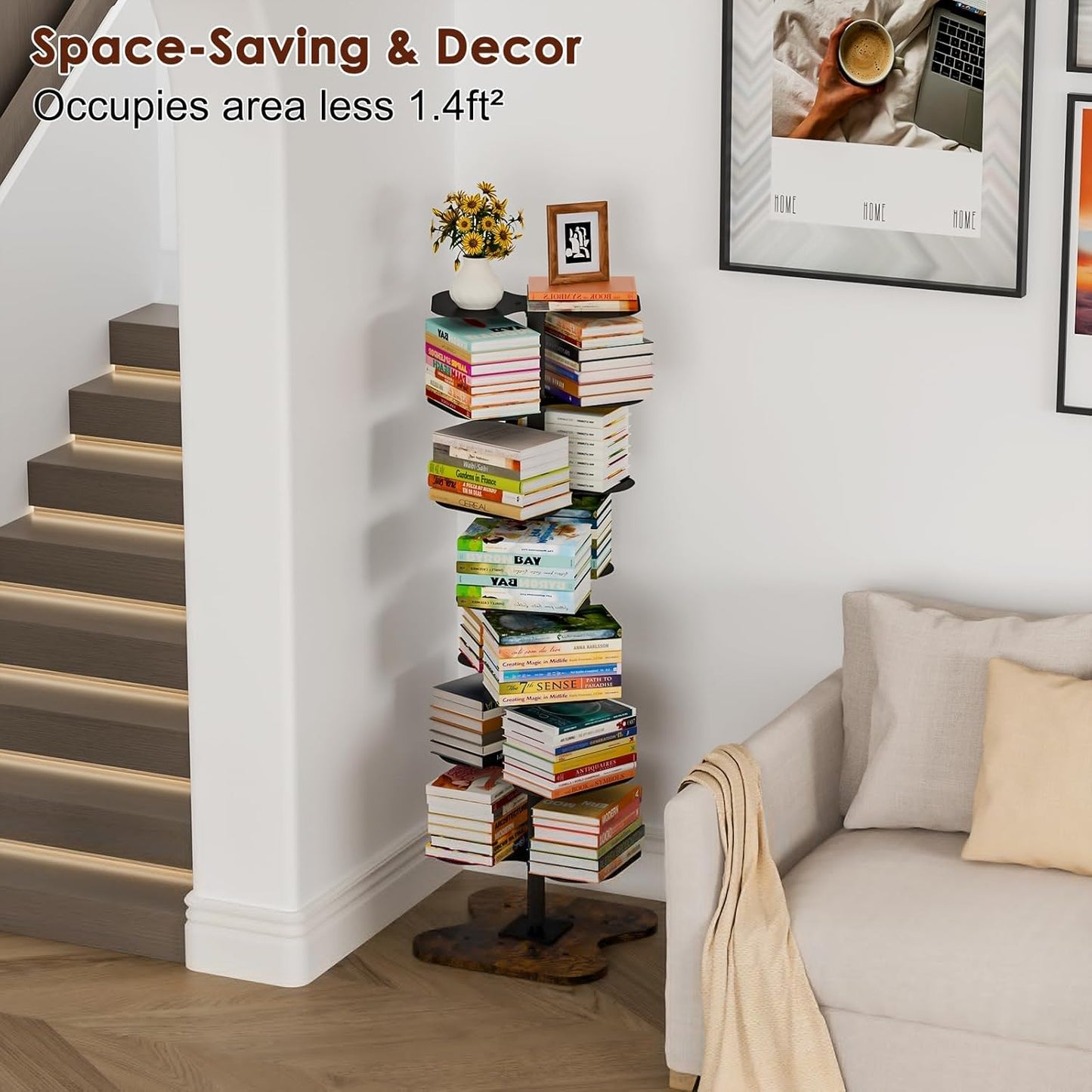 7 Tier Rotating Bookshelf, 360° Display Spinning Bookcase, Metal Corner Bookcases Storage Rack, Tall Floor Standing Revolving Bookshelves Narrow Book Shelf Organizer for Home Office, Black