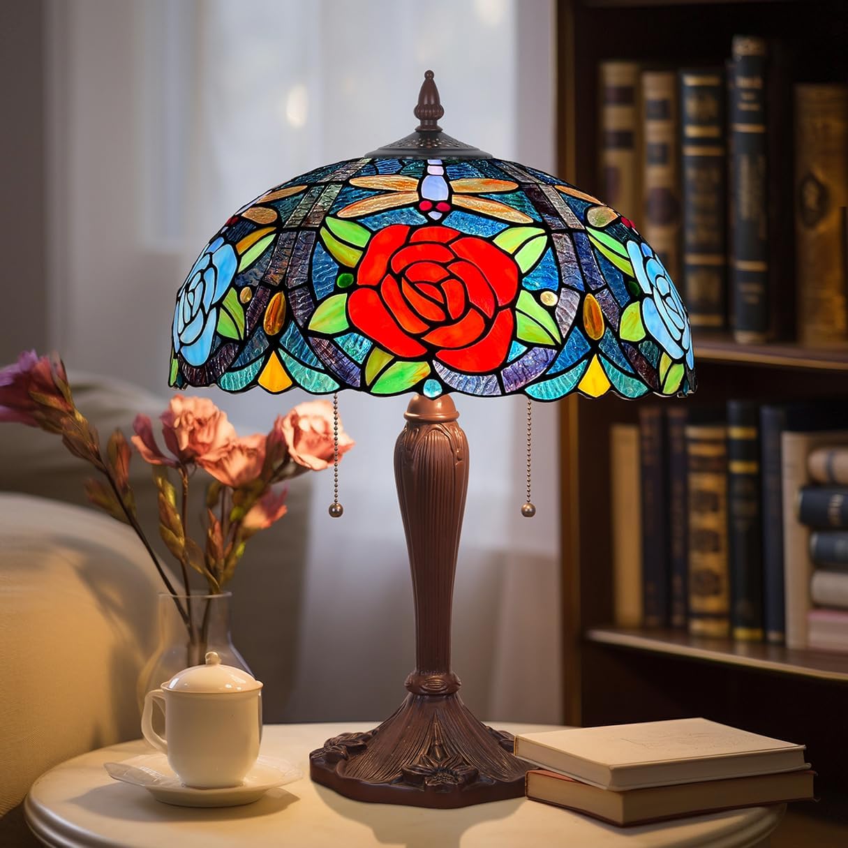 Tiffany Style Table lamp, Dragonfly & Rose Stained Glass Desk Light - Antique 16” Large Nightstand Bedside Reading Light for Living Room Bedroom Office