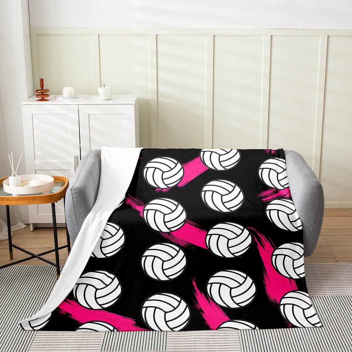 Feelyou Volleyball Flannel Fleece Throw Blanket Throw 50"x60" Volleyball Games Fuzzy Blanket Black White Pink Simple Modern Geometric Ball Pattern Plush Blanket Sports Theme All Season Bed Blanket
