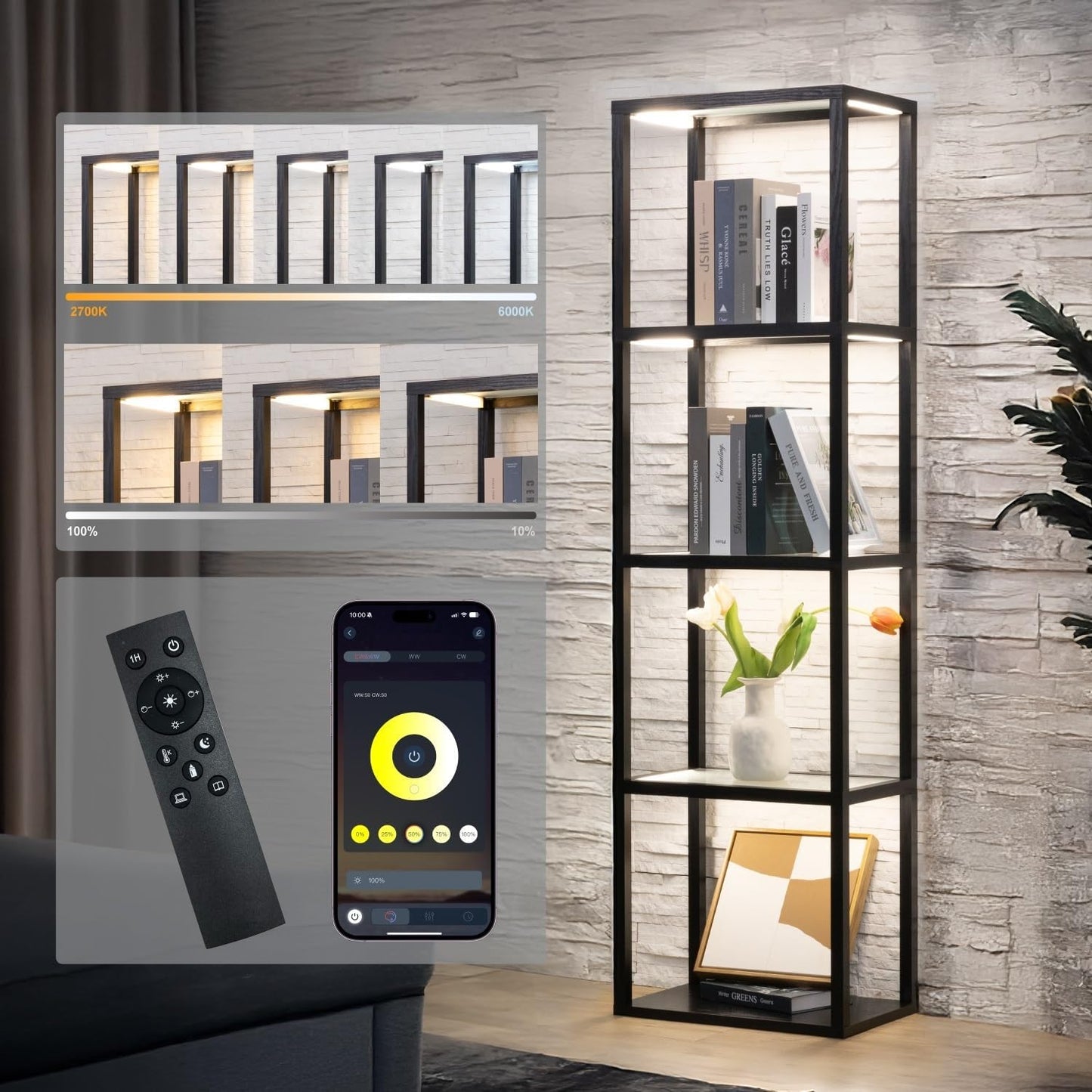 Glass Display Shelf with Remote/APP Control, Curio Cabinet for Collectibles with Light, Modern Shelf Floor Lamp with Adjustable Color Temps for Living Room, Bedroom